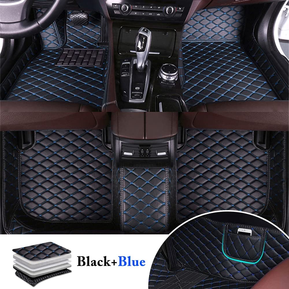 Premium Custom Car Floor Mats for Toyota 4Runner 7-Seater (2019-2021) - Waterproof Non-Slip Luxury Leather Liners with Storage Pocket - Full Set Automotive Carpets (Black/Blue) - Perfect for Off-Roading, Family Trips & Daily Commute