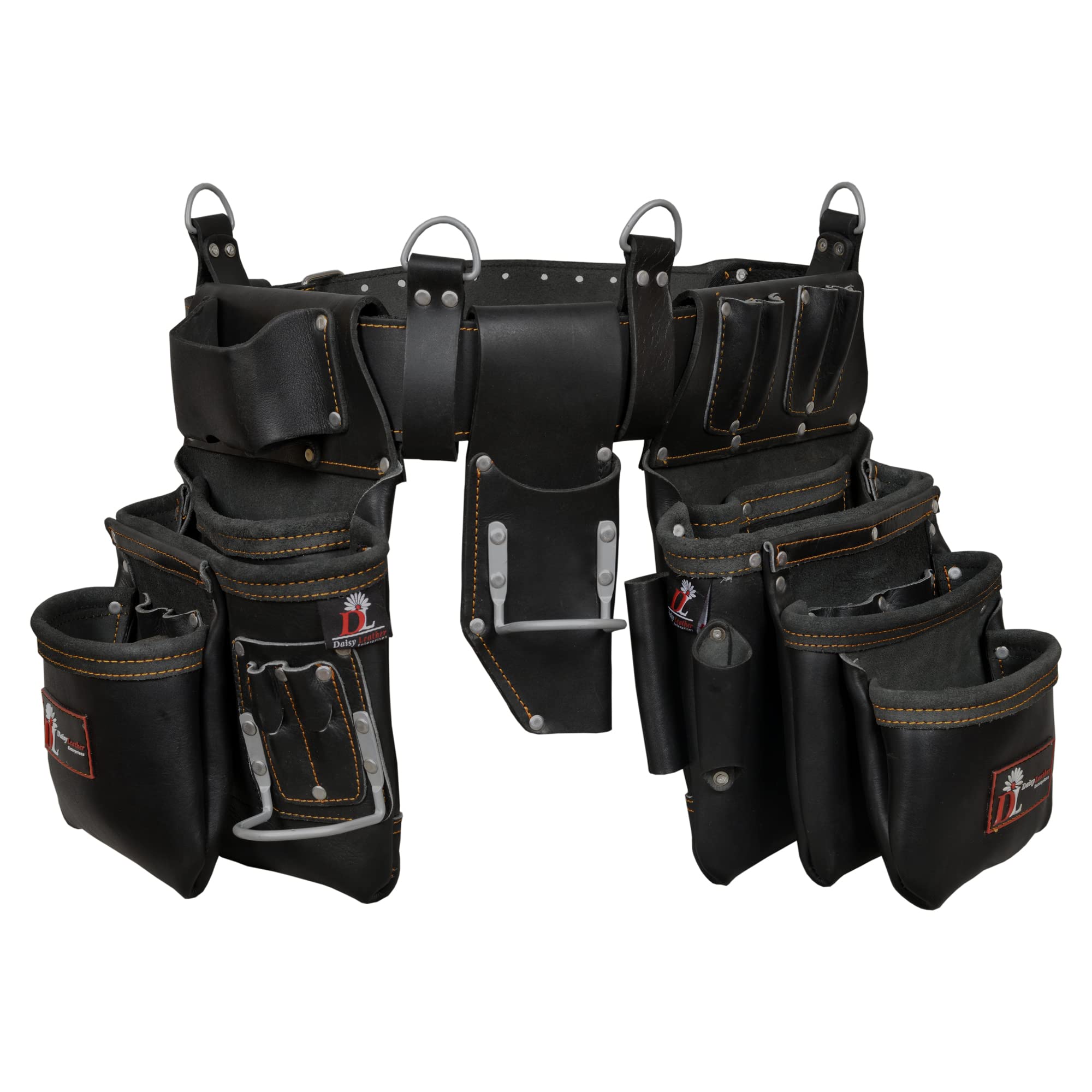 Premium Heavy Duty Leather Tool Belt - Daisy PRO DL-101 Oil-Tanned Carpenter Belt with 25 Pockets for Construction, Woodworking & Electrical Work | Durable Work Belt for Professionals | Black, X-Large | Ideal for Job Sites & DIY Projects