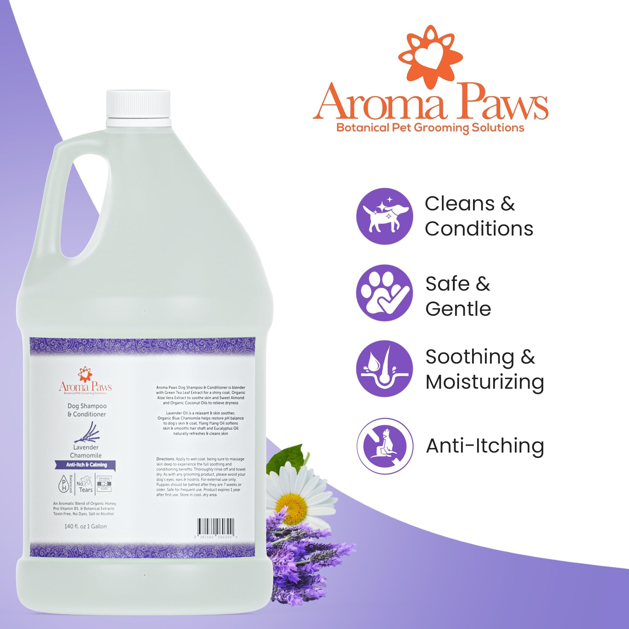 Natural Lavender Chamomile Dog Shampoo & Conditioner - Tearless Puppy Shampoo for Bathing, Grooming & Moisturizing - Gentle Cleansing Formula for Dogs & Puppies - 1 Gallon - Perfect for Home Grooming & Professional Pet Salons