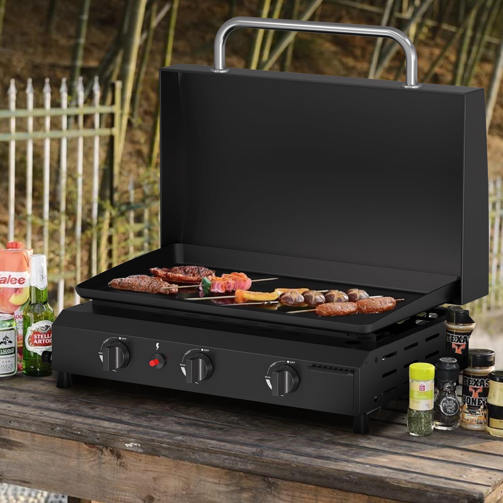 SKOK 3 Burner Gas Griddle with Hood - 23.3 Inch Outdoor Propane Griddle - 45000 BTU Portable Flat Top Gas Grill for Camping, Backyard BBQ & Tailgating - Perfect for Outdoor Cooking, Picnics & Family Gatherings