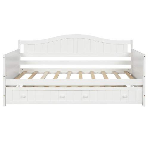 Twin Daybed with Trundle - White Wooden Sofa Bed Frame for Bedroom & Living Room | Space-Saving Guest Bed & Lounge Seating
