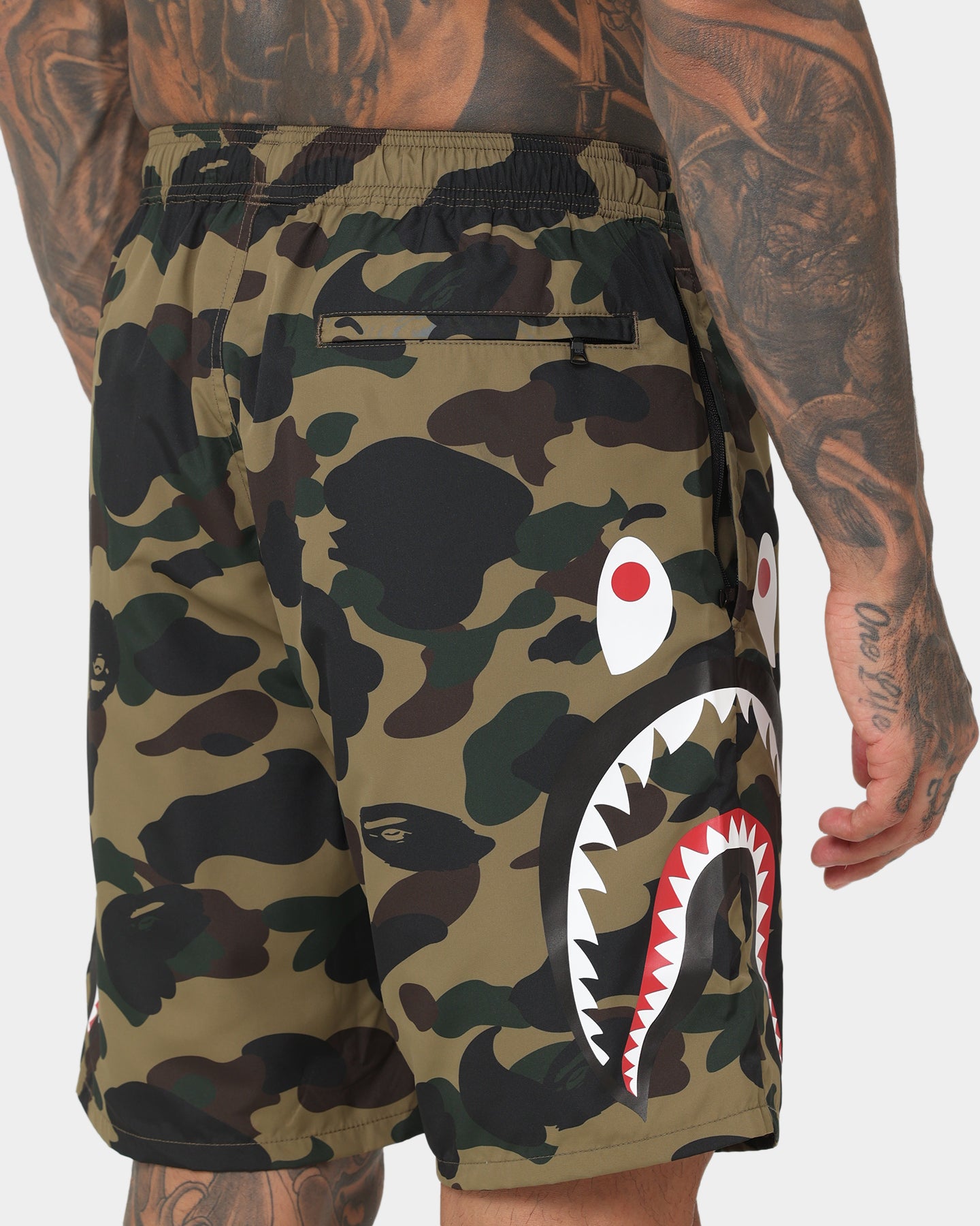 BAPE 1st Camo Side Shark Beach Shorts for Men - Army Green Swim Trunks | Perfect for Summer, Pool Parties & Beach Vacations