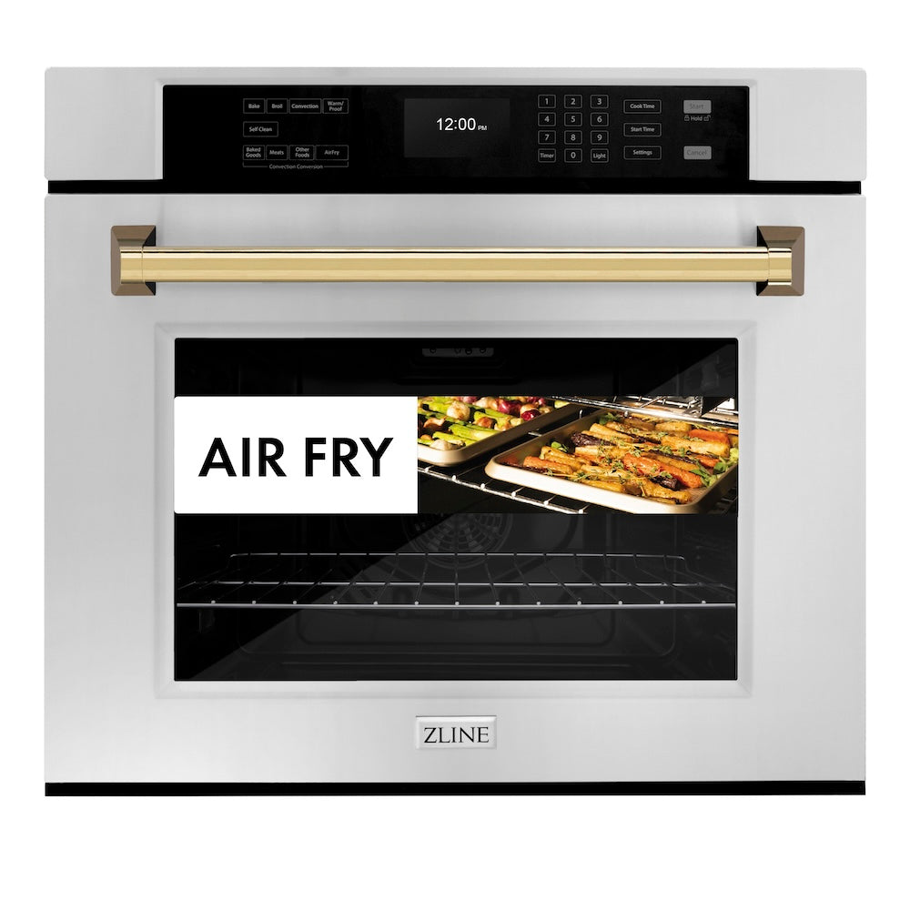 ZLINE Autograph Edition 30 Inch Professional True Convection Single Wall Oven with Air Fry & Self Clean - Stainless Steel with Polished Gold Handle (WASZ 30 G) | Perfect for Home Chefs & Modern Kitchens | Baking, Roasting & Air Frying