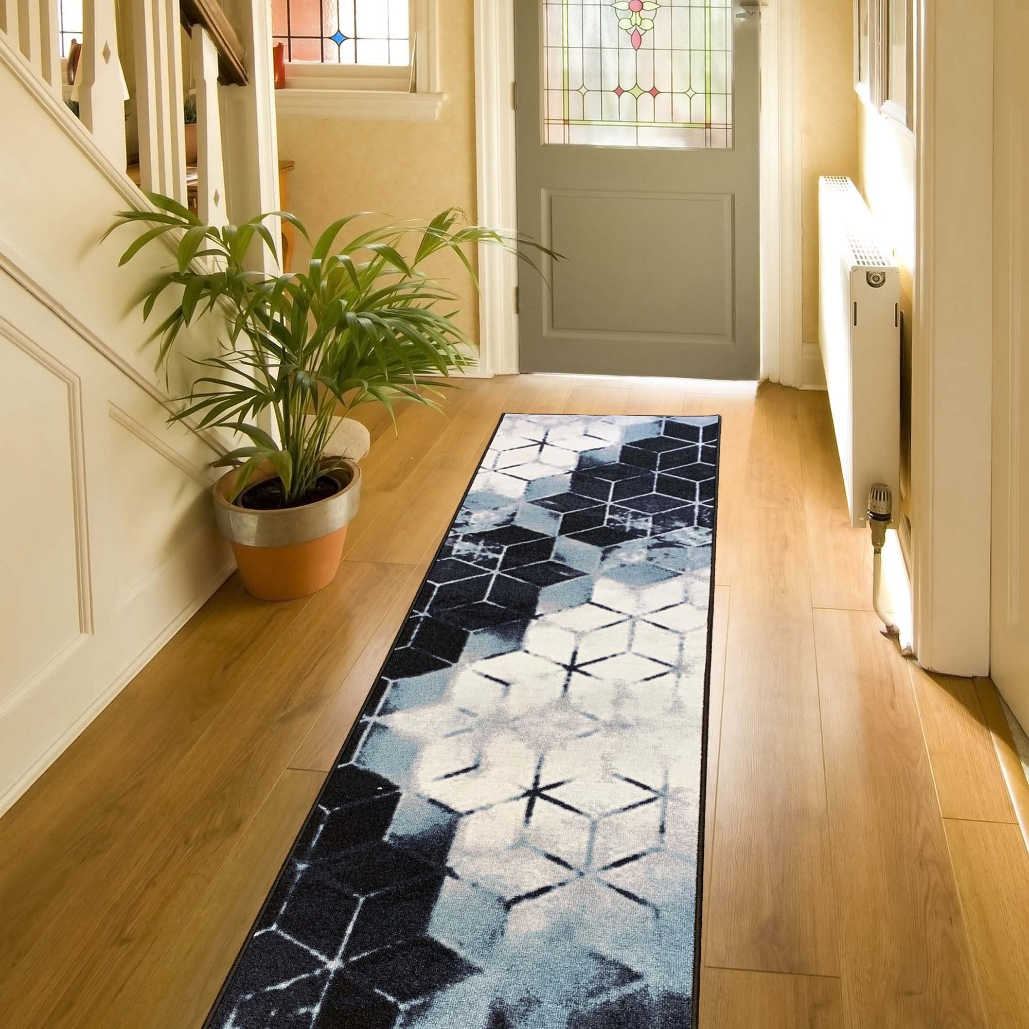 Custom Size Abstract Blue Cubes Non-Slip Rubber Backed Runner Rug - 31 Inch Wide x Your Length (31in x 38ft) - Perfect for Hallways, Stairs, Entryways & High-Traffic Areas