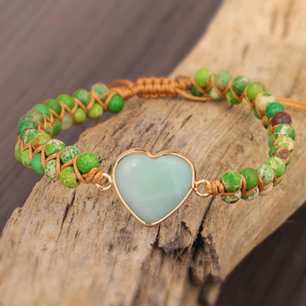 Amazonite Heart Charm Bracelet for Women - Passionate Jasper Stone Yoga String Braid Bangle, Lover's Jewelry Gift for Valentine's Day, Anniversary & Spiritual Healing (Heart Shaped)