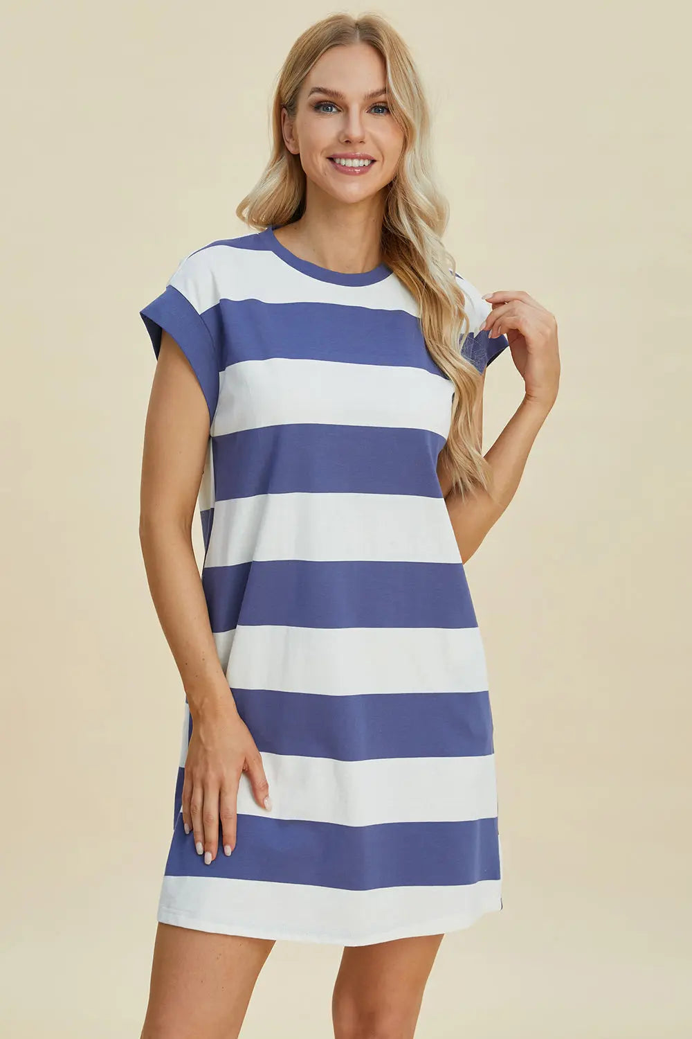 Basic Bae Women's Full Size Striped Round Neck Cap Sleeve Mini Dress - Casual Summer Outfit for Beach, Party & Date Night