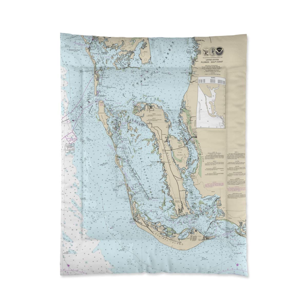 Sanibel Island Captiva Island Pine Island Nautical Chart Twin Size Comforter 68x88 Inches - Coastal Themed Bedding for Beach House, Boat Cabin & Nautical Decor