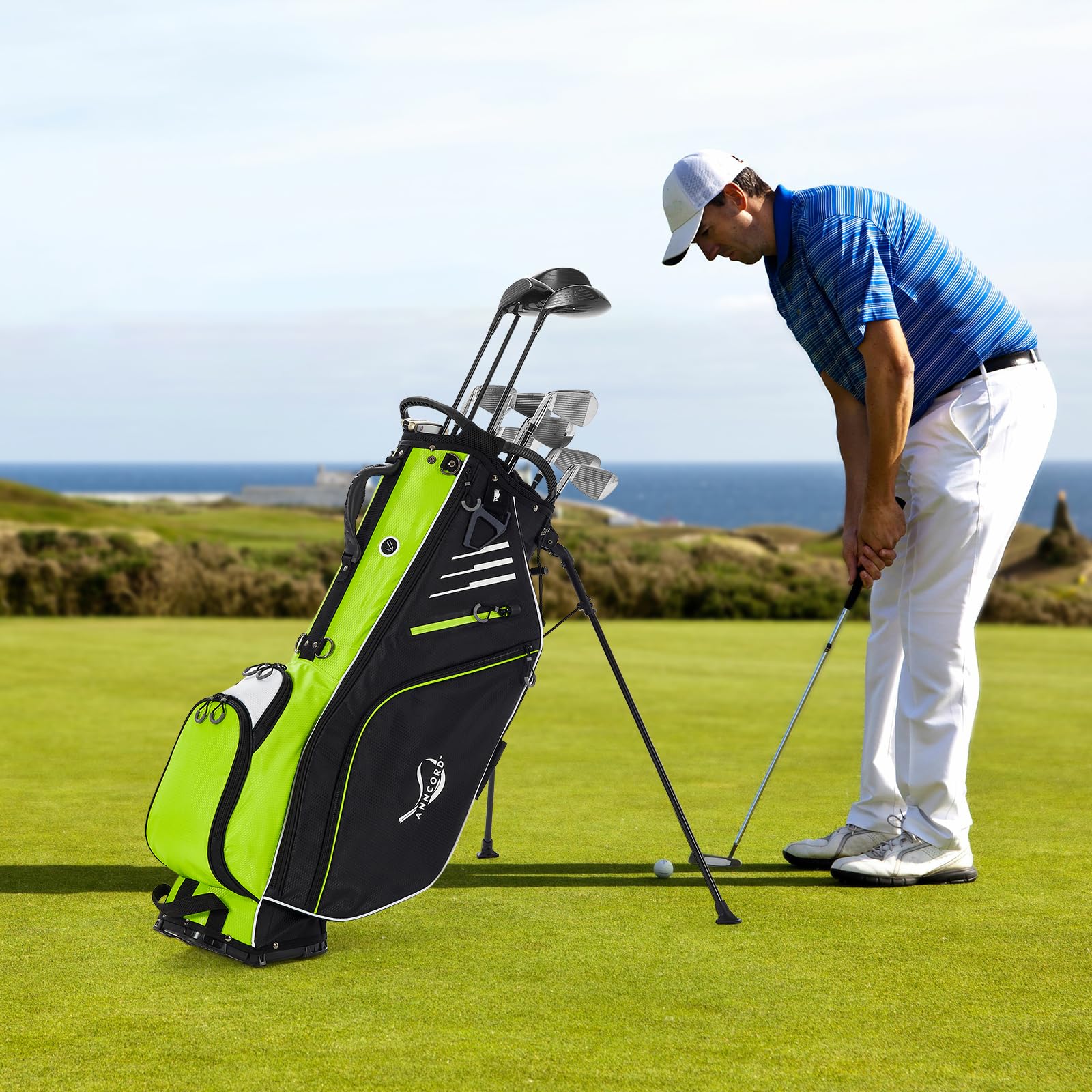 14-Way Top Divider Golf Stand Bag with Dual Strap - Waterproof Men's Golf Bag with 8 Pockets, Cooler Pouch & Rain Hood - Perfect for Course Play & Tournament Travel