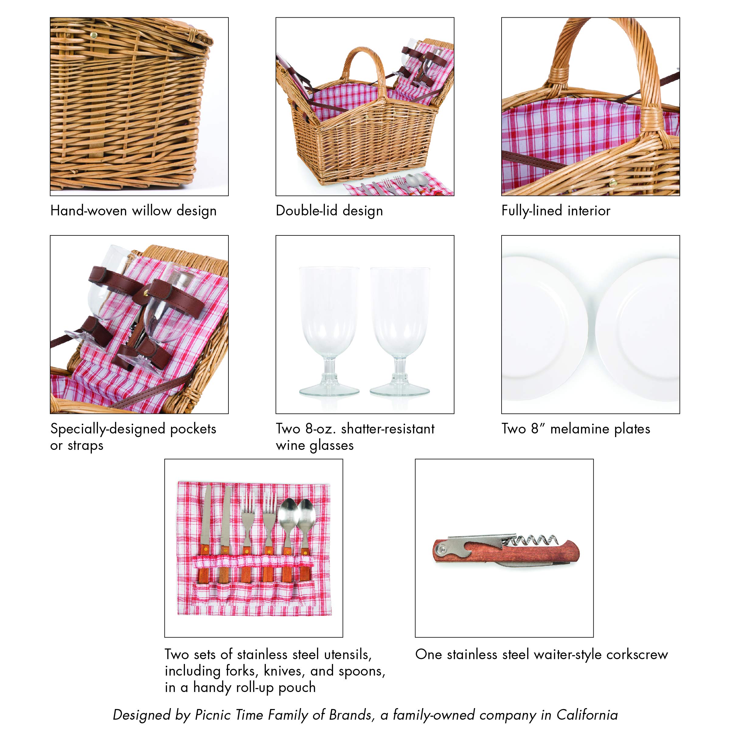 **PICNIC TIME Piccadilly Romantic Picnic Basket for 2 - Includes Utensil Set, Wine Glasses, Plates & Opener - Red & White Plaid Pattern - Perfect for Outdoor Dates, Beach Picnics & Anniversary Gifts**