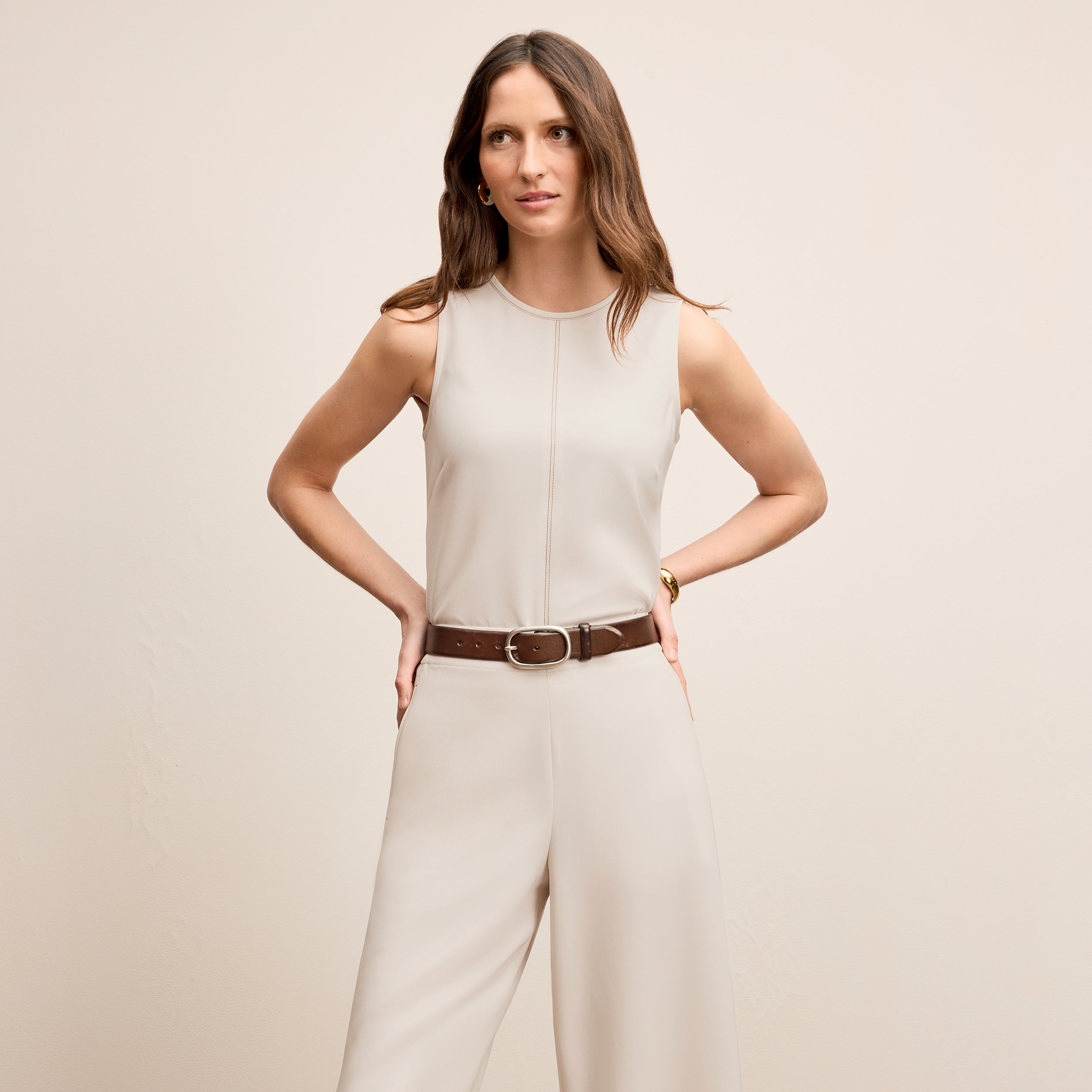 Elena Culotte Everyday Crepe Pants with Topstitch Detail - Comfortable Eggshell Women's Trousers for Work, Office & Casual Wear