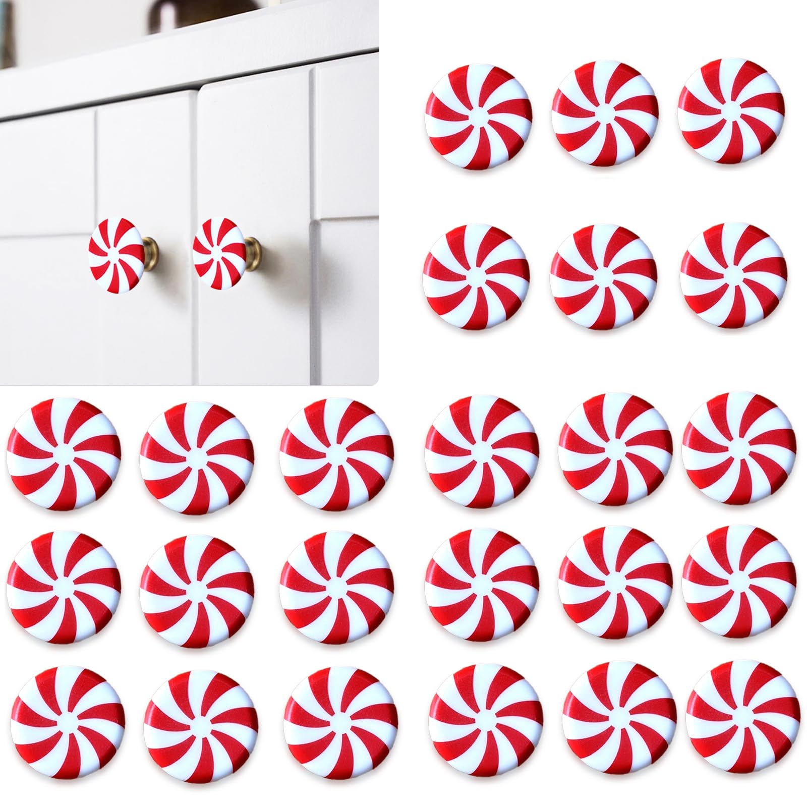 FOTN Red and White Acrylic Candy Cane Cabinet Knob Covers - 24-Pack Silicone Kitchen Cabinet Handles for Christmas Decor, Child Safety, and Home Protection (7-Petal Design) - Perfect for Kitchen, Living Room, Bedroom, and Nursery Cabinets