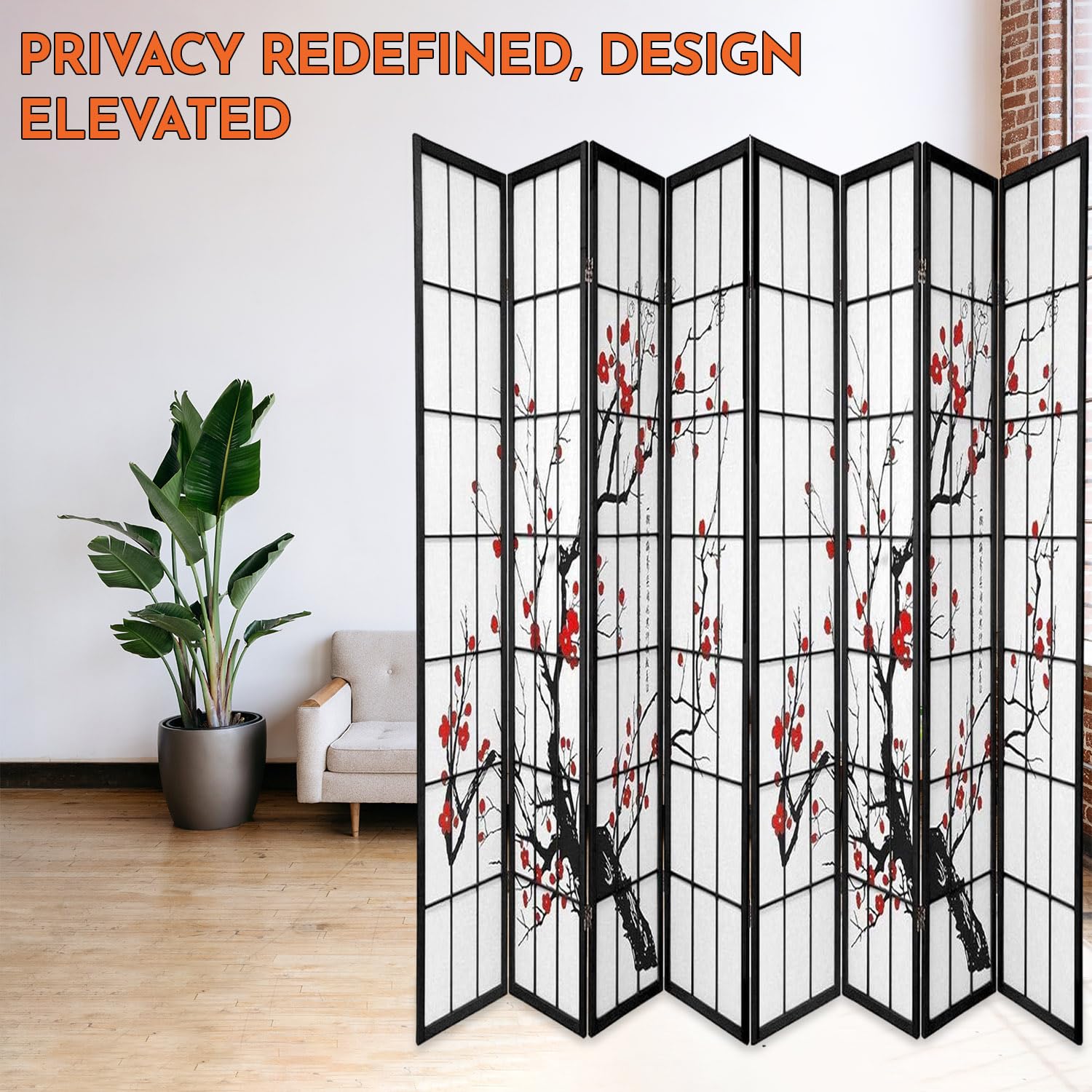 Legacy Decor 8-Panel Blossom Room Divider - Foldable Shoji Style Privacy Screen with Plum Blossom Design - Freestanding Partition for Home Office, Studio & Dressing Area - Portable Temporary Wall - Perfect for Creating Private Spaces, Room Dividers & Home Decor - Black