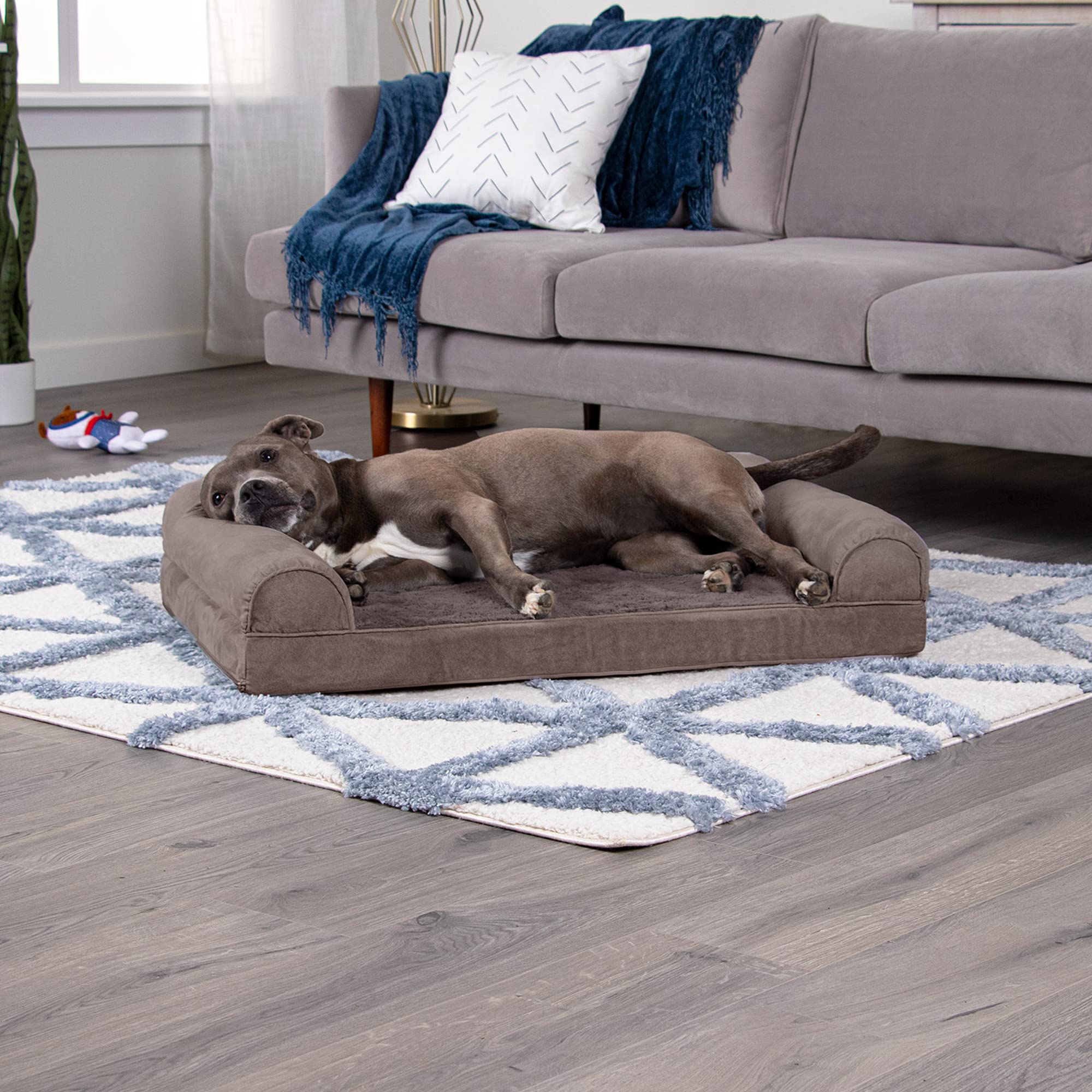 Furhaven Orthopedic Dog Bed for Large & Medium Dogs - Removable Bolsters & Washable Cover - Supports Up to 55 lbs - Plush Faux Fur & Velvet Sofa Design - Driftwood Brown (Large Size) - Perfect for Living Room, Bedroom or Pet-Friendly Spaces