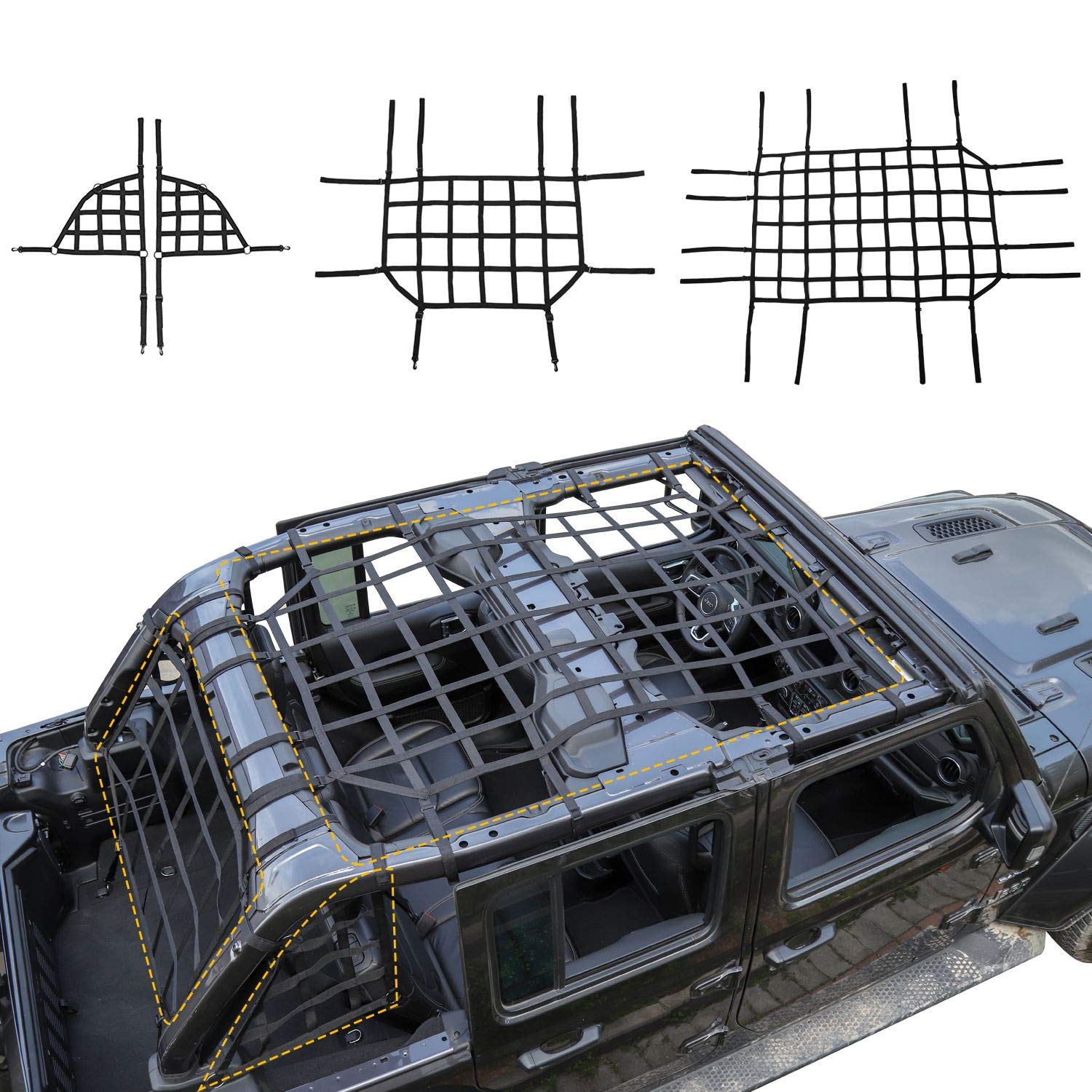 CheroCar 3-Pack Black Pet Barrier Net & Cargo Restraint for Jeep Wrangler 2018-2020 JL/JLU 4-Door (Rubicon/Sahara/X/Sport) - Trunk Organizer, Pet Safety & Luggage Protection for Road Trips & Off-Road Adventures