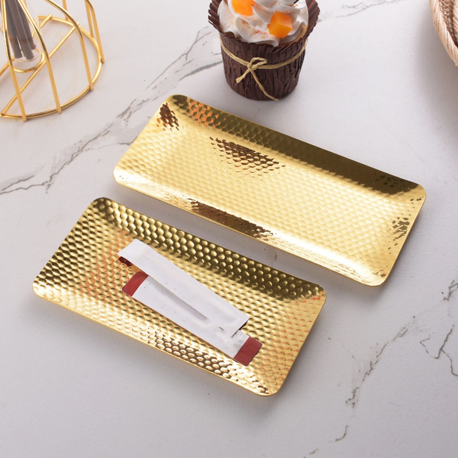 Stainless Steel Hammered Rectangular Decorative Tray 19.5x9.5cm - Gold Kitchen Serving Tray for Living Room, Bedroom, Bathroom | Perfect for Entertaining, Food Display & Home Decor