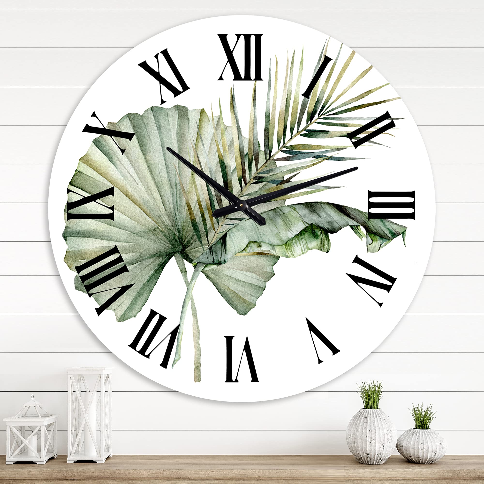 DesignQ Traditional Wall Clock - Tropical Bouquet with Banana Palm & Coconut Leaves - Large Floral Botanical Wall Clock for Bedroom, Living Room, Office Decor - Perfect for Home, Beach House & Tropical Theme Interior Design