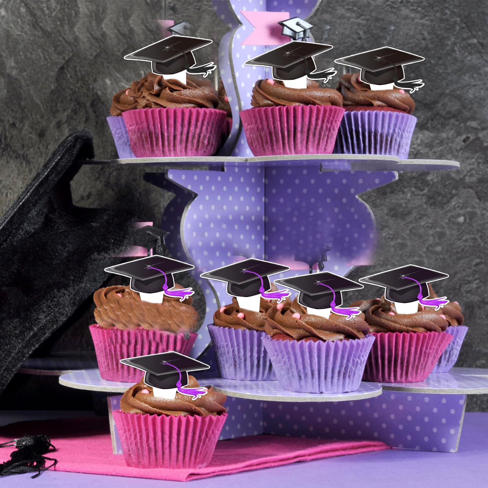 48Pcs Graduation Cap Cupcake Toppers - Black & Purple Tassel Decorations for Class of 2024 Graduation Cakes - Perfect for Graduation Parties, School Celebrations & Dessert Table Decor