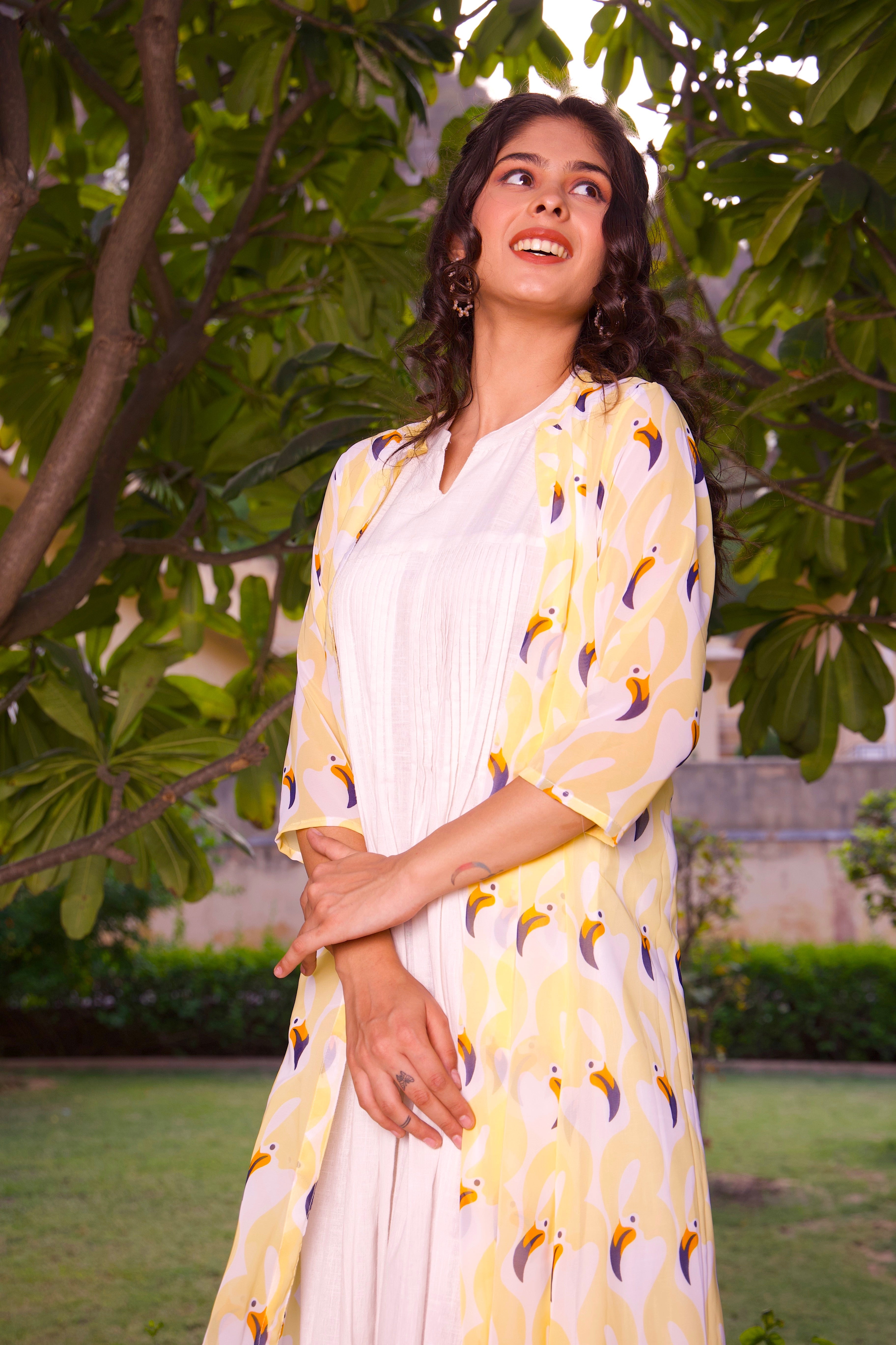 Stylish Yellow Printed Jacket & Maxi Dress Set for Women - Trendy Spring/Summer Outfit for Beach, Party & Casual Wear