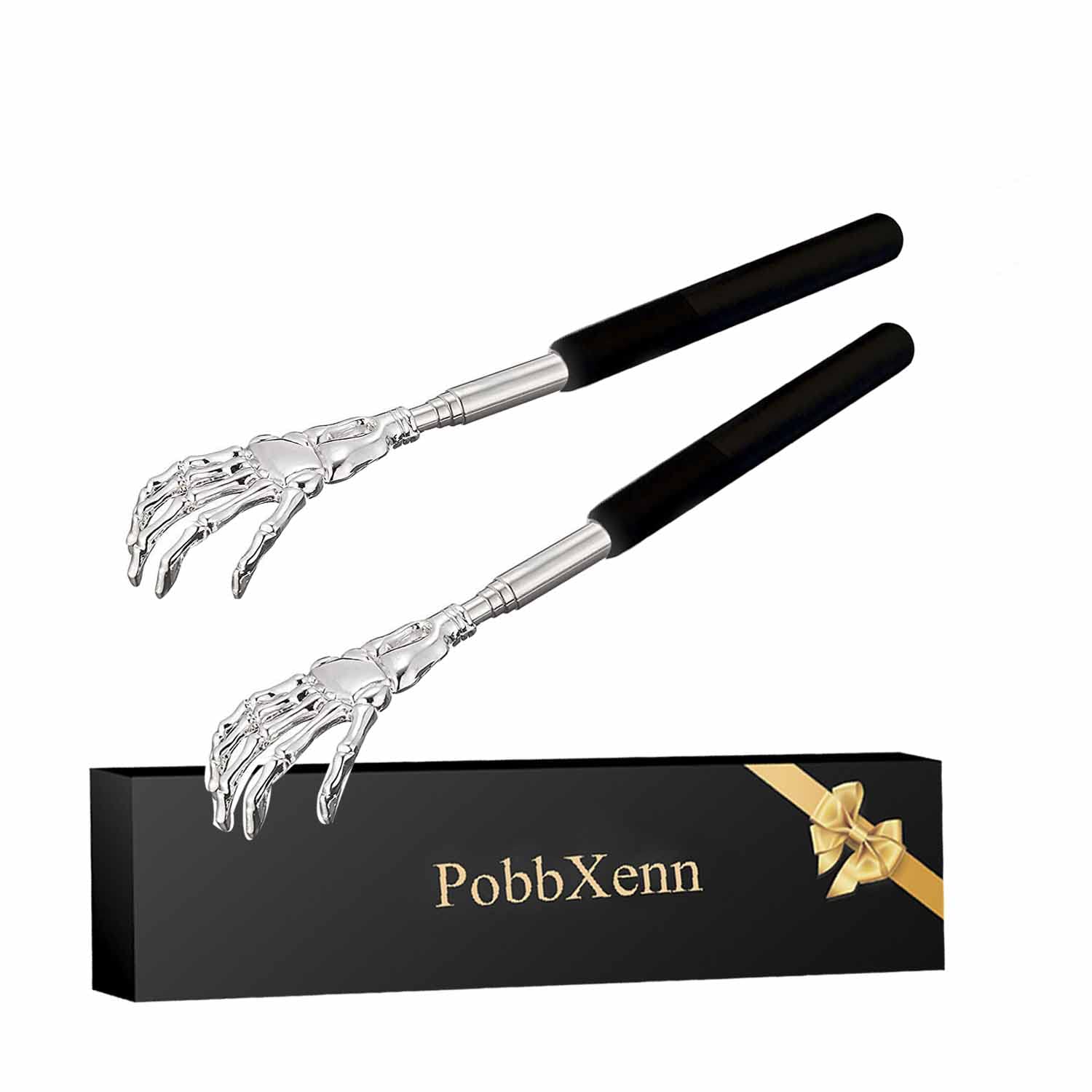 Extendable Telescoping Back Scratcher - 2 Pack Metal Skeleton Hand Massager with Ergonomic Rubber Handle for Itch Relief | Perfect for Travel, Office & Home Use