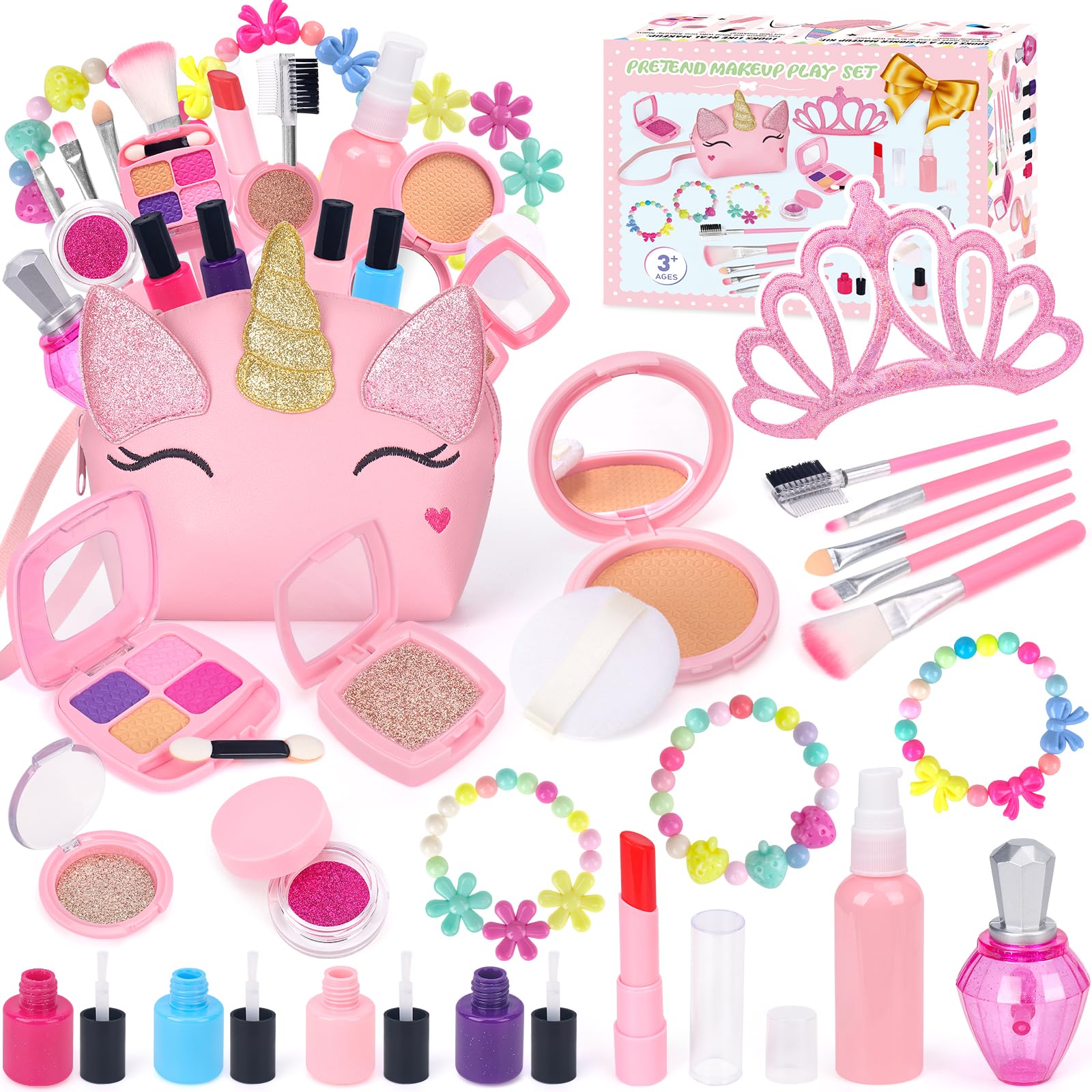 Unicorn Pretend Makeup Kit for Toddlers & Kids - Safe Non-Toxic Play Makeup Set with Cosmetic Bag - Perfect Birthday Christmas Gift for Girls Ages 3 4 5 6 7+ - Fun Role Play Dress Up & Imaginative Play Toy