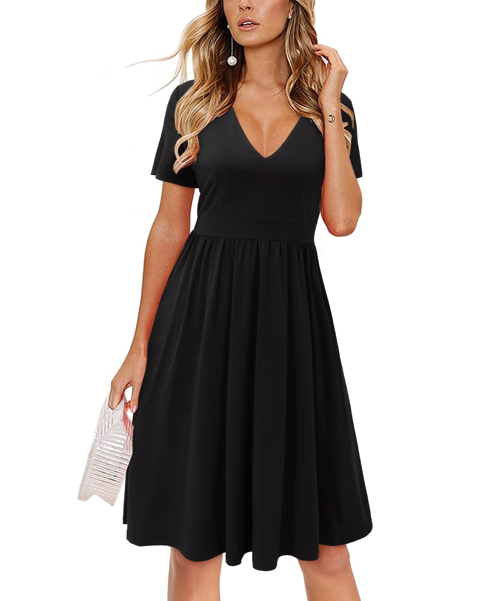 ULTRANICE Women's Casual V-Neck Swing Midi Dress with Pockets - Flowy Summer Dress for Brunch, Beach & Everyday Wear