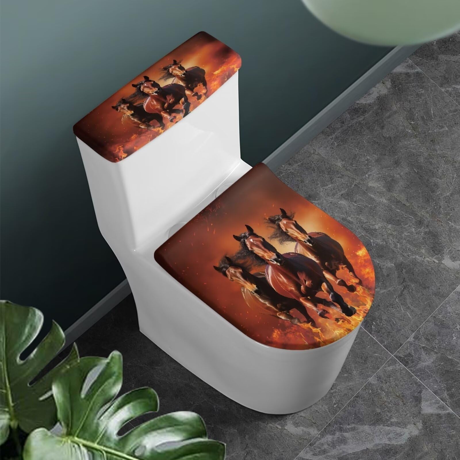 Horse Toilet Tank Lid Cover & Seat Cover Set - Dustproof, Machine Washable Bathroom Decor - Fits Elongated Toilets - Easy Installation - 2-Pack - Perfect for Farmhouse, Western, or Equestrian Themed Bathrooms