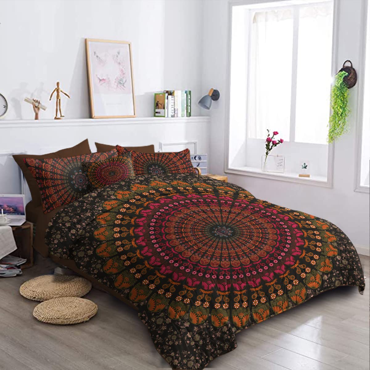 BlessLiving 8-Piece Bohemian Mandala Comforter Set - King Size Bed-in-A-Bag with Comforter, Sheets & Pillow Shams - Red Boho Hippie Bedding for Cozy Bedroom Decor & Guest Room Styling