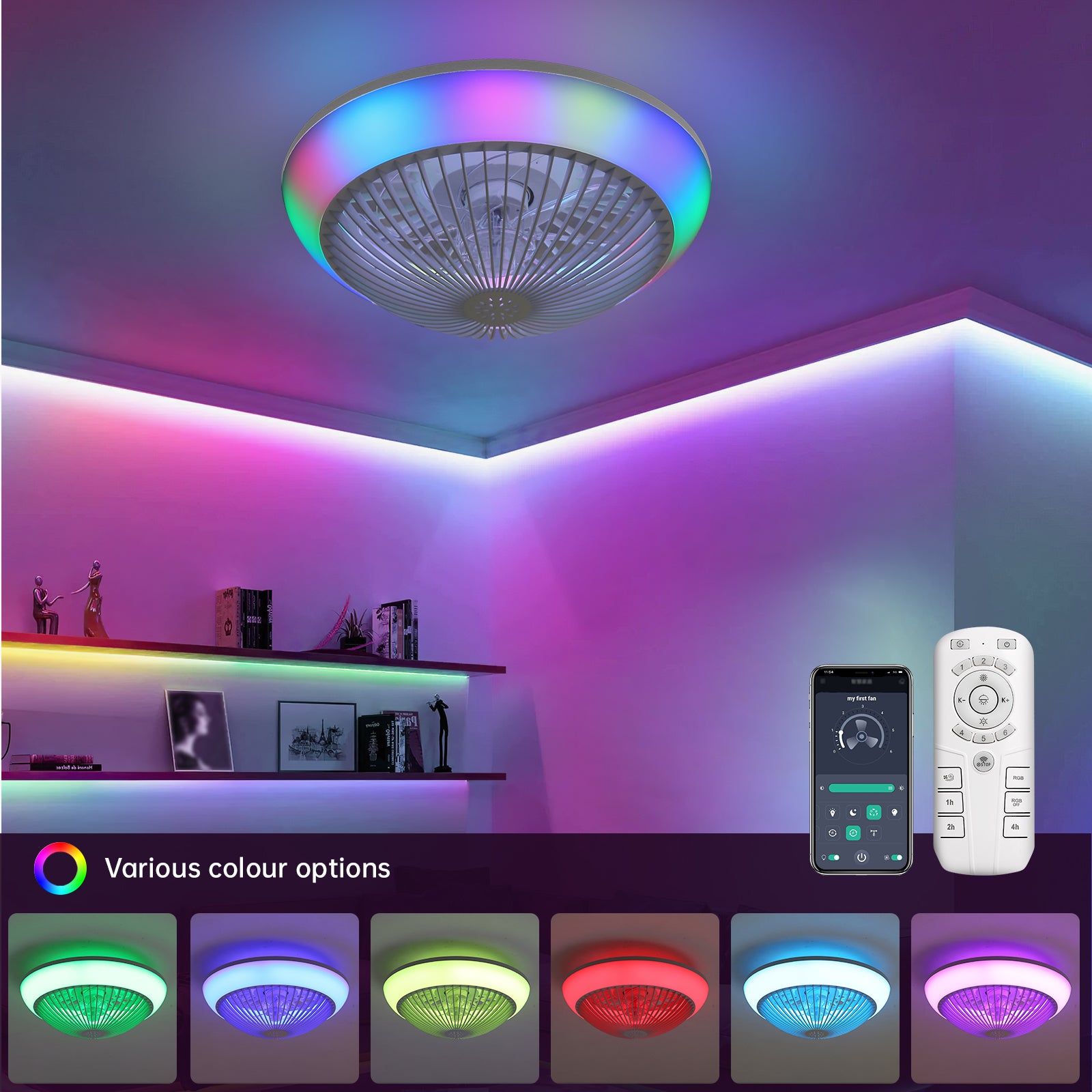 15 Inch RGB Dimmable LED Enclosed Ceiling Fan with Light - Modern Bladeless 6 Speed Remote Control - Perfect for Bedroom, Kids Room, Party & Home Decor