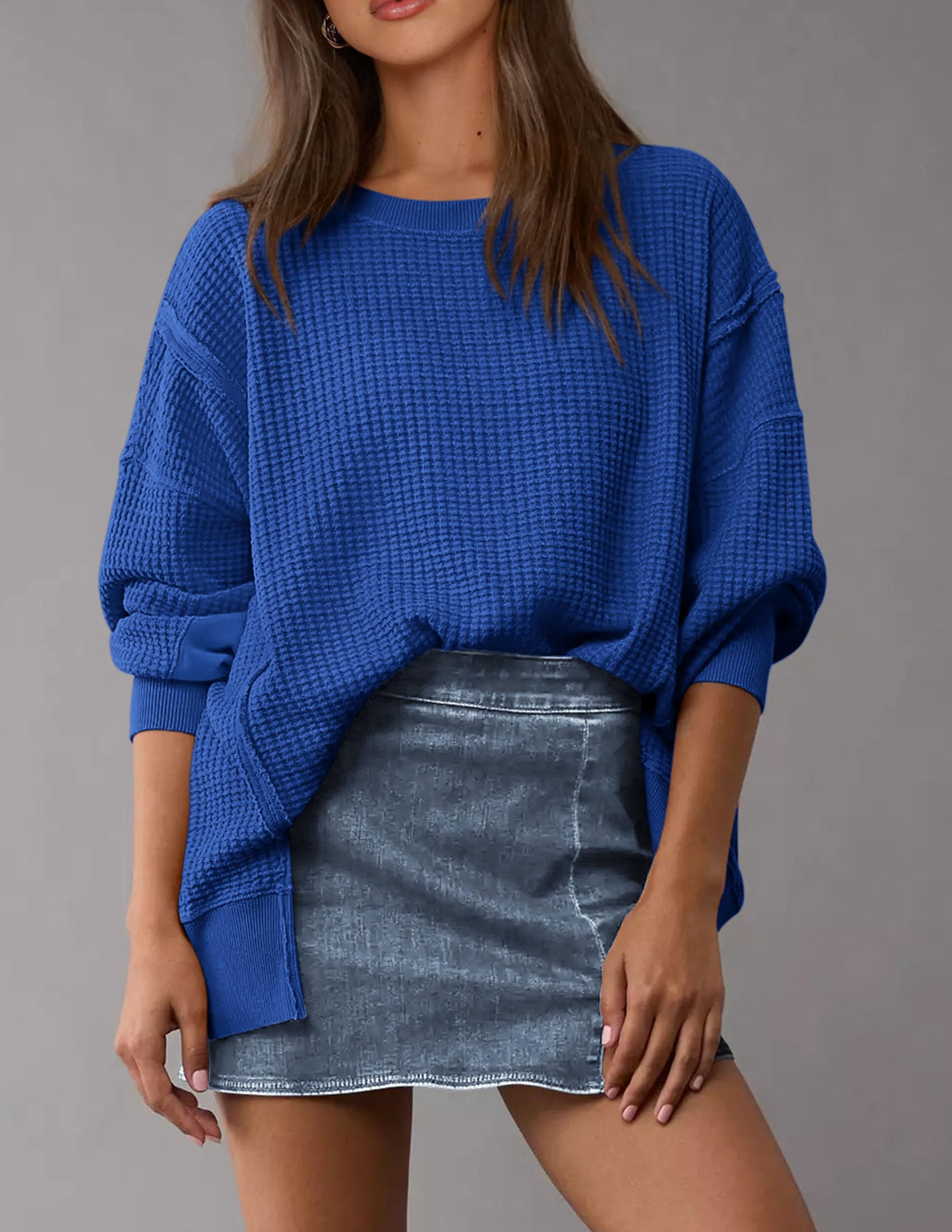 PRETTYGARDEN Women's Oversized Crewneck Sweatshirt - Soft Waffle Knit Long Sleeve Pullover Top for Fall & Spring | Casual Loungewear, Streetwear Fashion