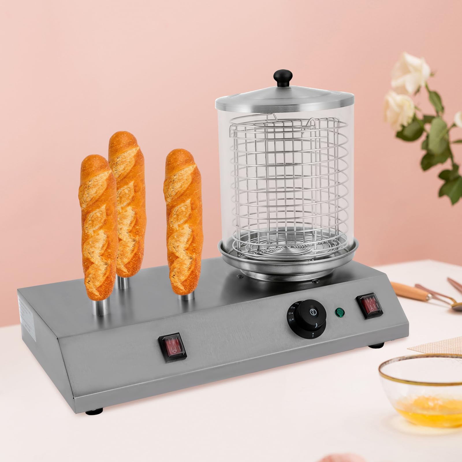 Commercial Hot Dog Machine & Bun Warmer - 458W 3 Hot Dog Steamer Toaster with Stainless Steel for Sausages, Dumplings, Vegetables - Perfect for Restaurants, Food Trucks, and Catering Events