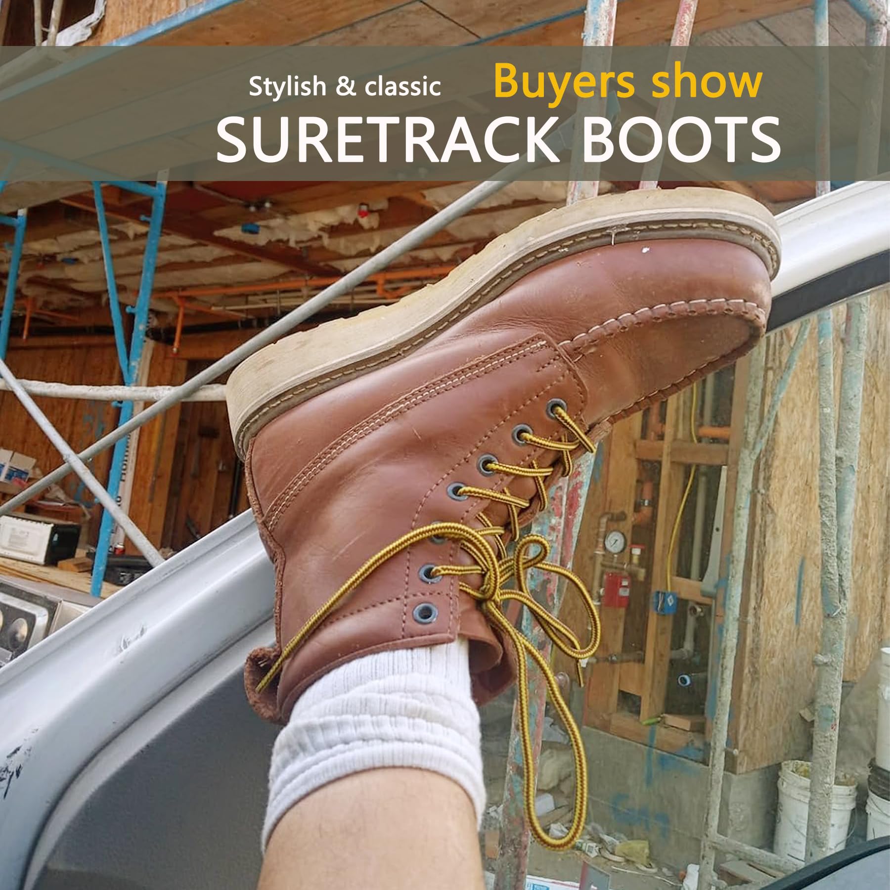 Men's Stylish Classic 6-8 Inch Soft Moc Toe EH Leather Work Boots - Non-Slip Wedge Outsole, Goodyear Storm Welt - Perfect for Construction, Outdoor Work & Heavy Duty Use