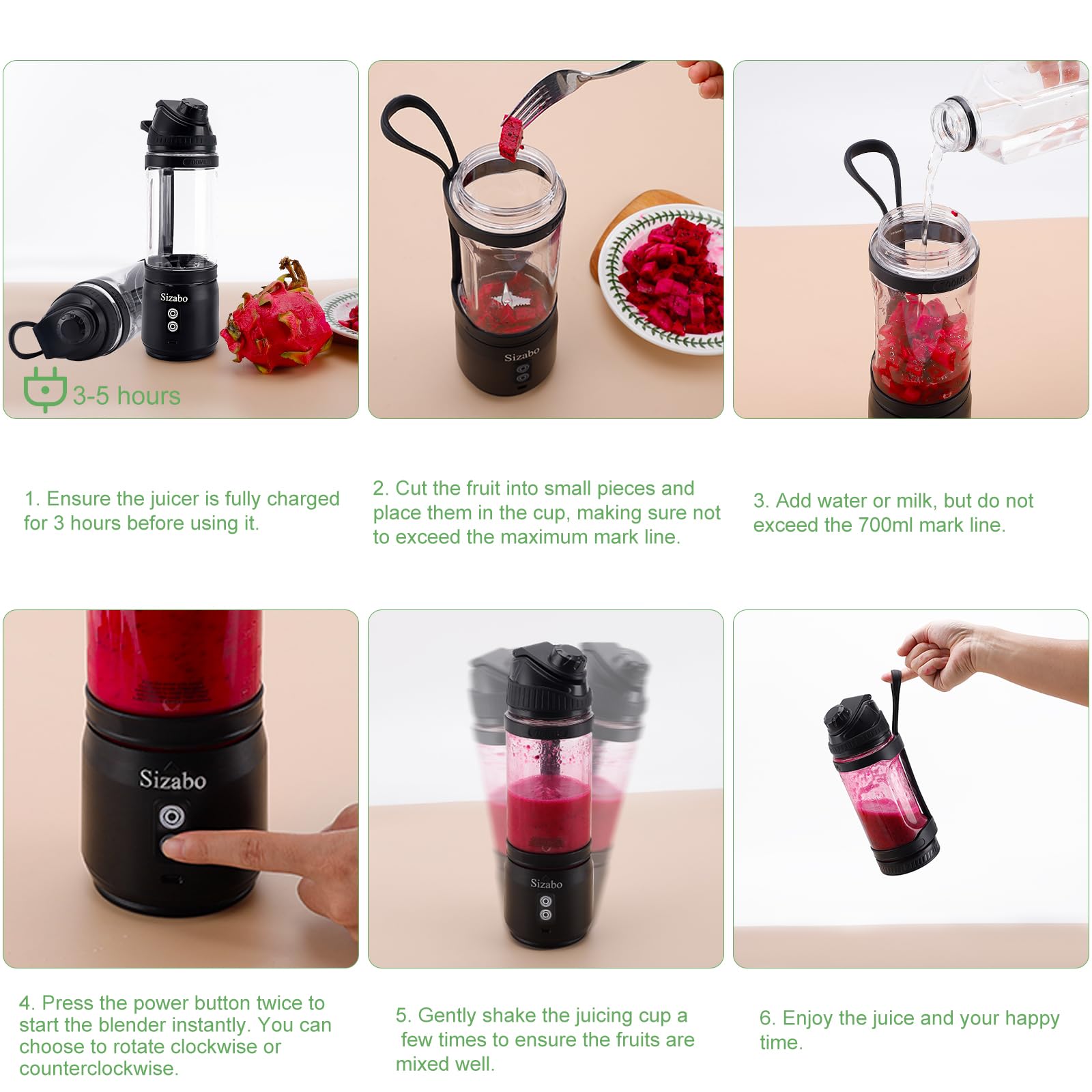 Portable USB C Rechargeable Blender - 24 oz Personal Size High Speed Blender for Shakes, Smoothies & Juices, 2000mAh*3 Battery, Compact Fruit Mixer for Travel, Gym, Office, Picnic & Outdoor Activities (White-Green)