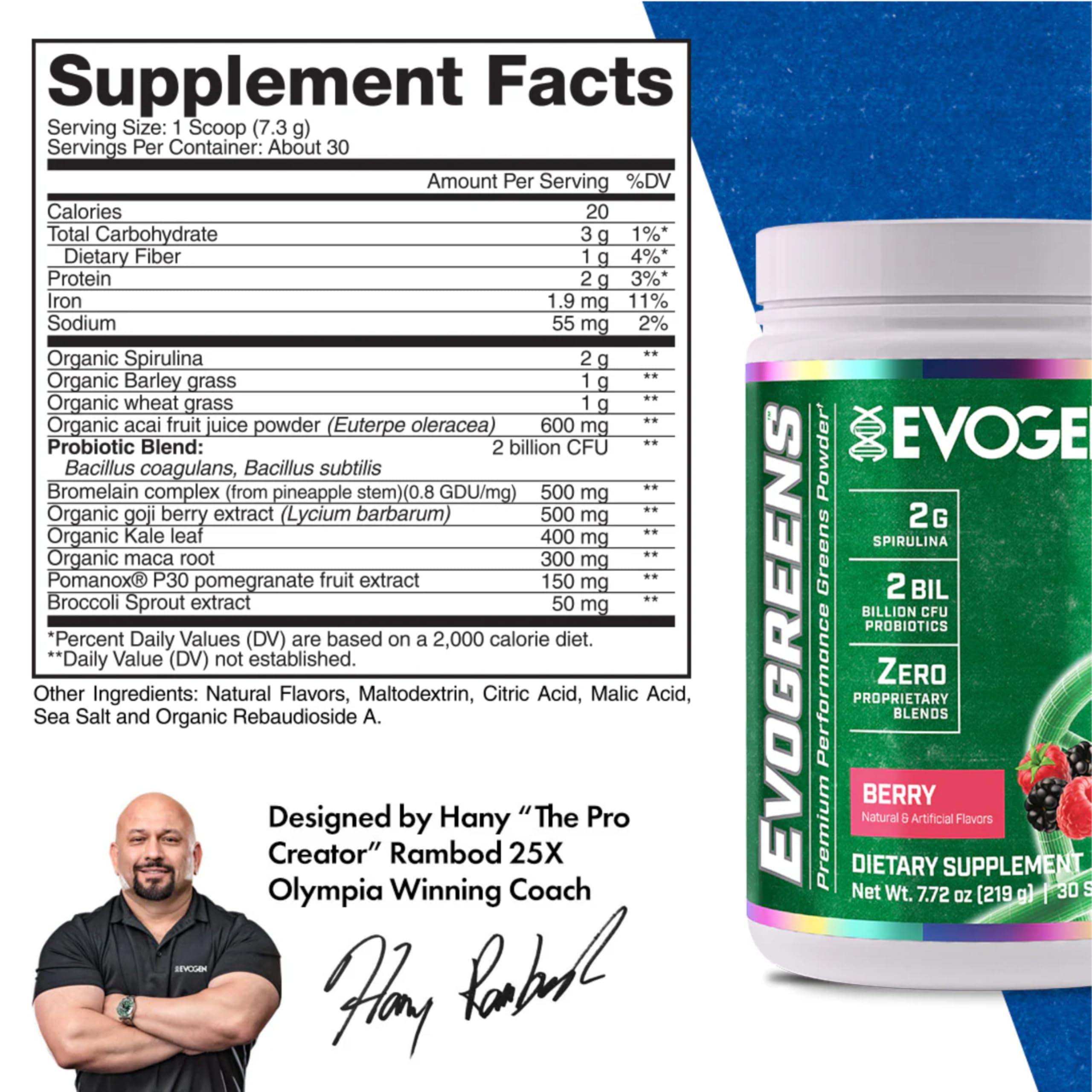 Evogen Evogreens Super Greens Powder - Organic Superfood Supplement with Spirulina, Probiotics & Pomegranate Extract for Immune Support, Recovery & Wellness | Berry Flavor | 30 Servings | Perfect for Post-Workout, Daily Detox & Healthy Lifestyle