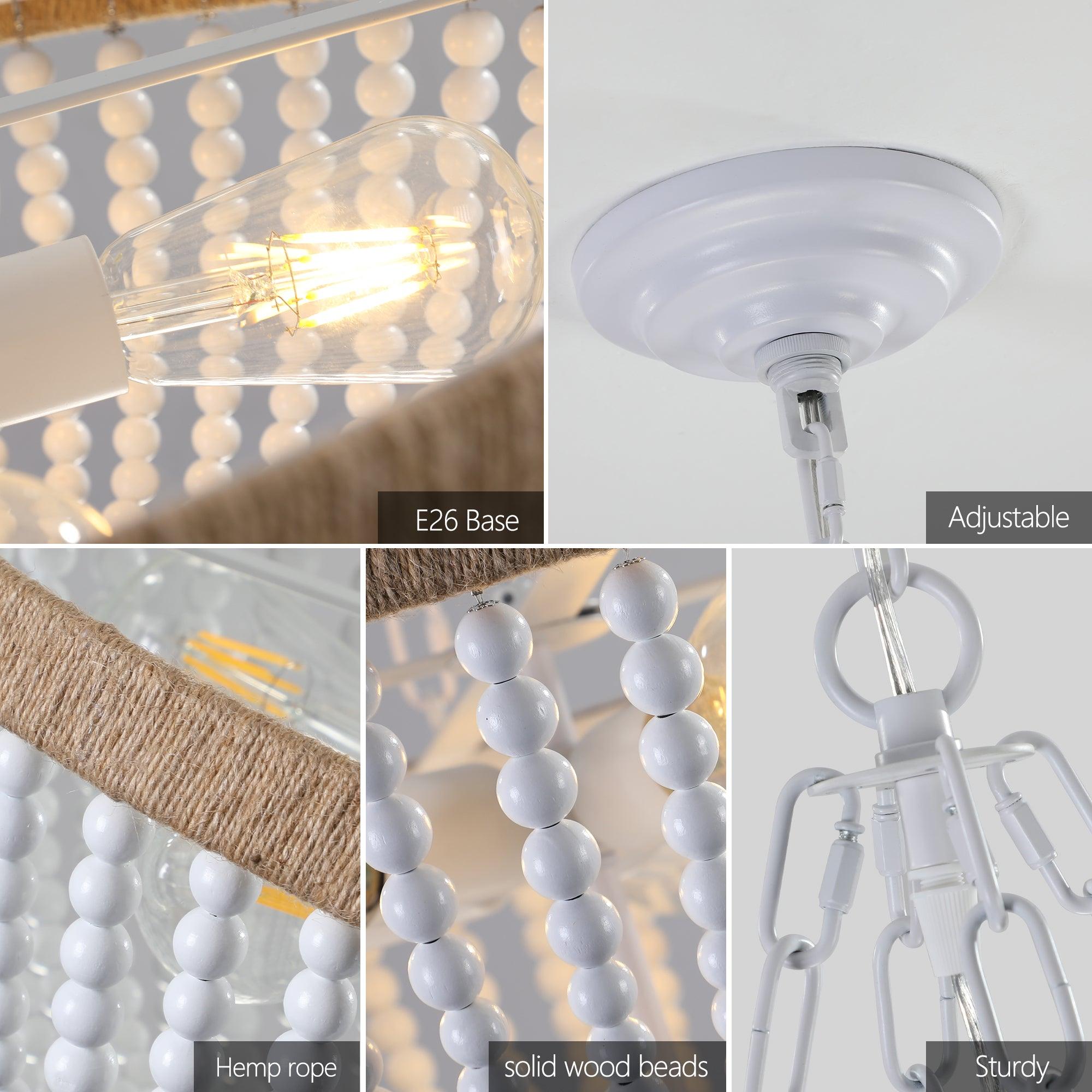 Bohemian Style Wood Beaded Chandelier - Handcrafted Oak Wood Pendant Light with White Beads | Perfect for Living Room, Bedroom, or Dining Room Decor