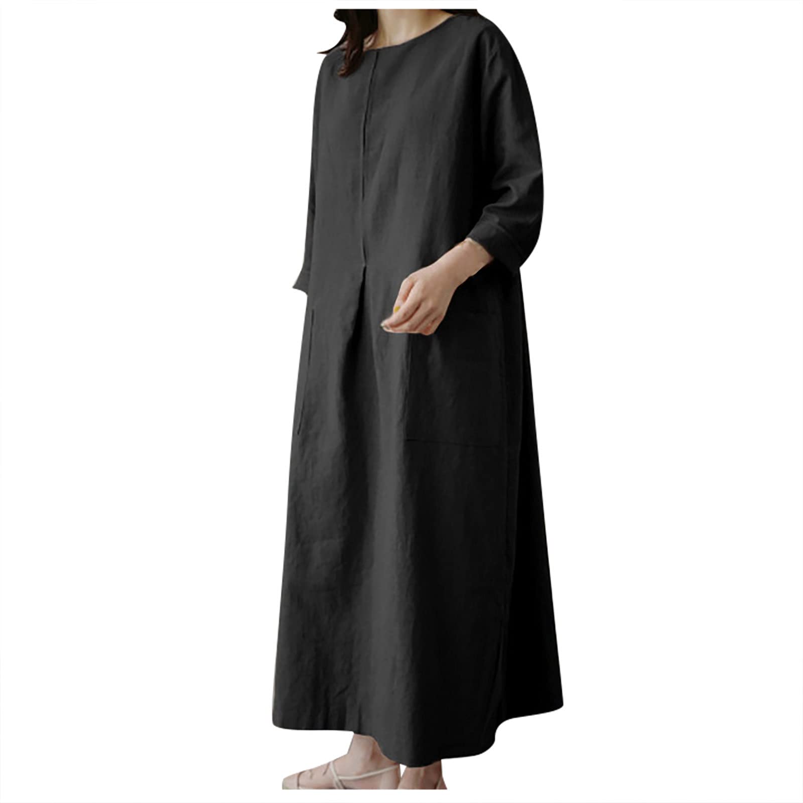 SERYU Women's Solid Color Cotton Linen Dress - Long Medium Sleeve Shirt Collar Irregular Hem with Pocket | Casual Summer Dress for Beach, Office & Everyday Wear
