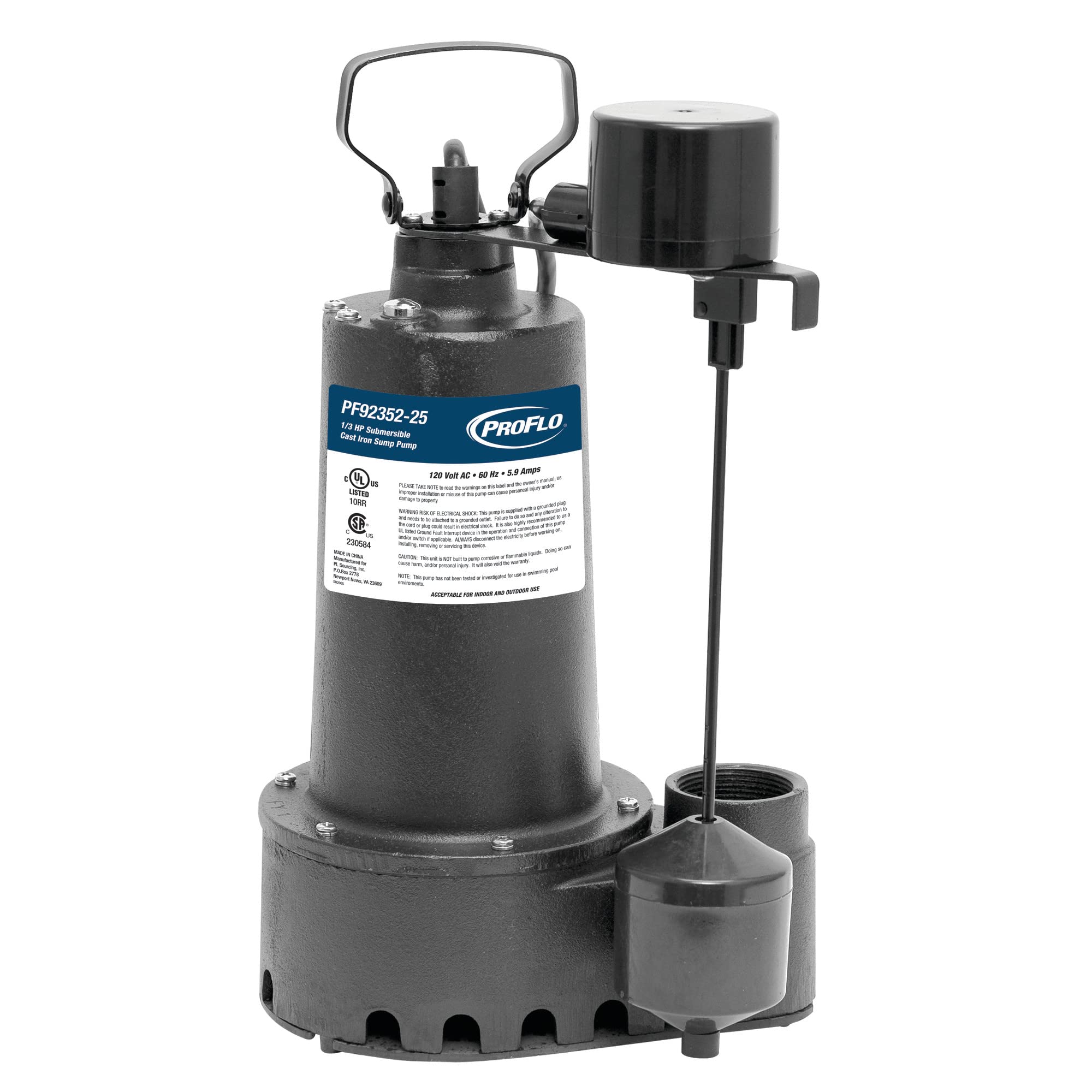 PROFLO PF9235225 Heavy Duty Cast Iron Sump Pump with 1/2 HP Motor - Reliable Basement Water Removal for Home Flood Prevention & Emergency Drainage
