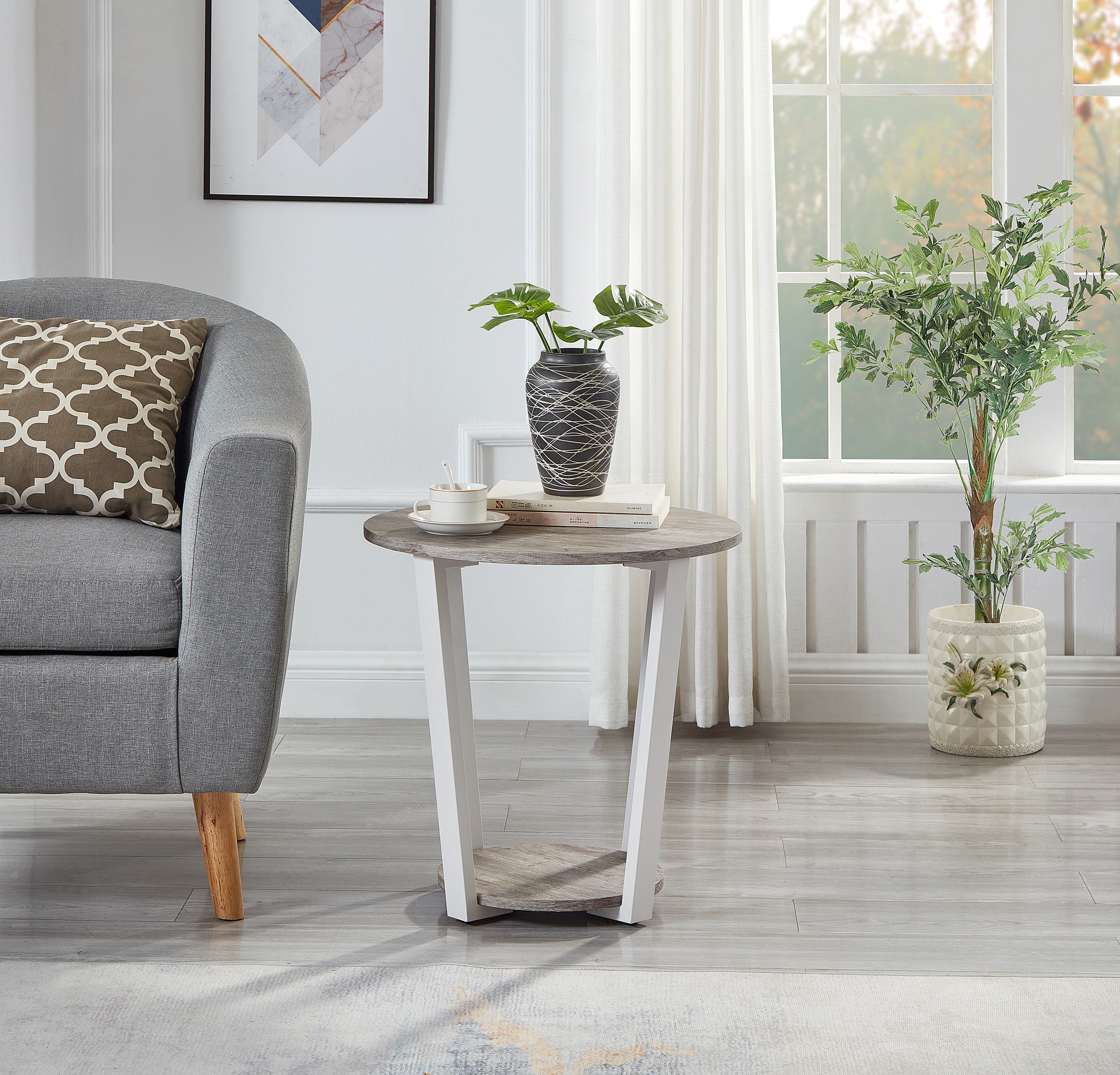 Roundhill Furniture Elysian Modern Round End Table with Lower Shelf - Stylish Living Room Side Table for Sofa, Bedroom & Small Spaces