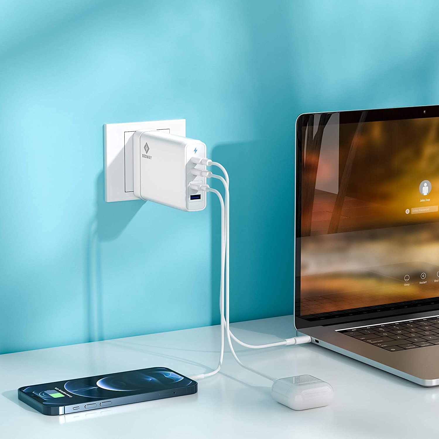EGOWAY 90W 4-Port USB Wall Charger with 60W & 18W USB-C and 12W USB-A Ports - Fast Charging for MacBook Pro/Air, iPhone, iPad, Samsung Galaxy - Compact Travel Charger for Home, Office, Car & Airplane (White)
