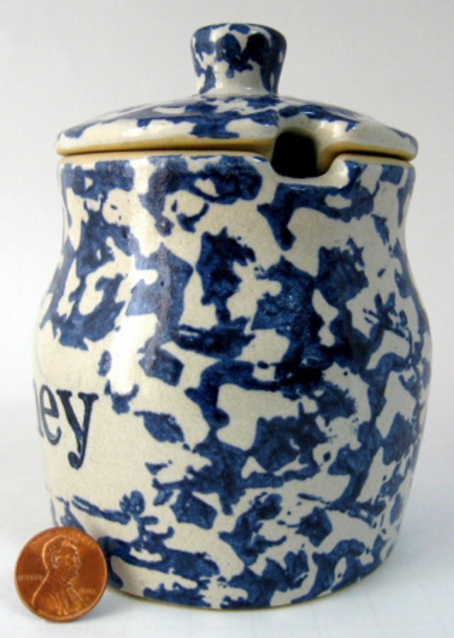 Handmade Stoneware Honey Jar with Blue Sponged Design & Lettering - Perfect for Honey Storage, Gifts, and Farmhouse Kitchen Decor