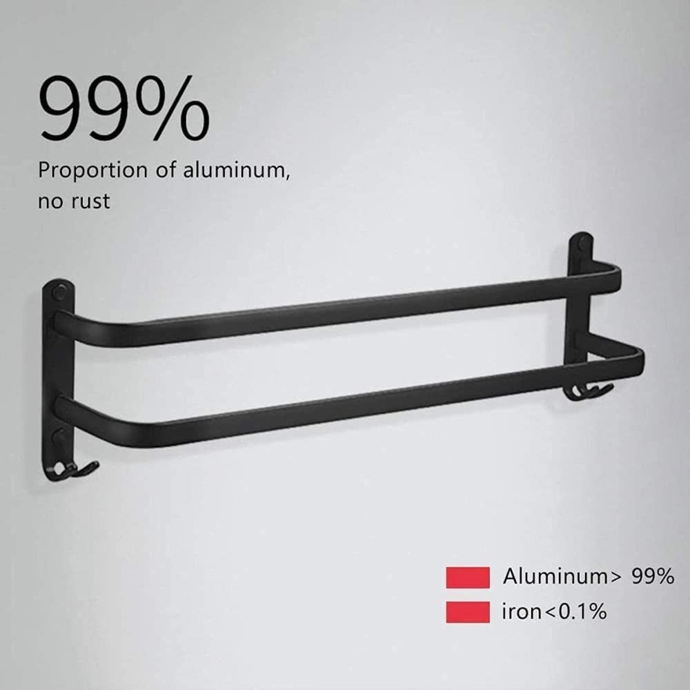 2-Tier Wall Mounted 50CM Aluminum Bathroom Towel Rack with Hooks - Space Saving Storage for Bath Towels, Robes & Accessories - Perfect for Small Bathrooms, Showers & Laundry Rooms