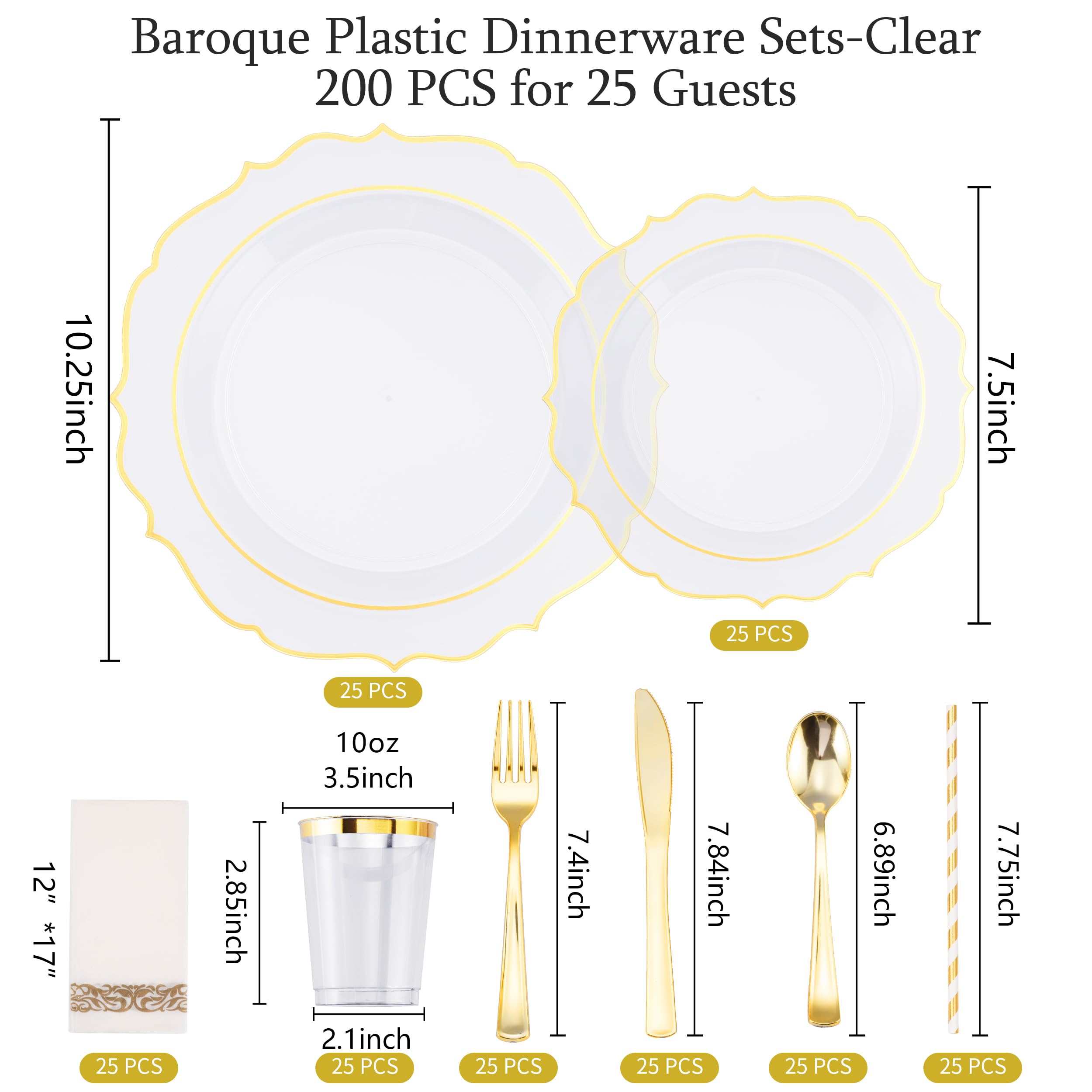 200-Piece Baroque Gold Rimmed Disposable Dinnerware Set - Heavy Duty Plastic Plates, Cutlery & Napkins for 25 Guests | Elegant Wedding, Party & Event Tableware | Includes Dinner Plates, Dessert Plates, Spoons, Forks, Knives & Cups