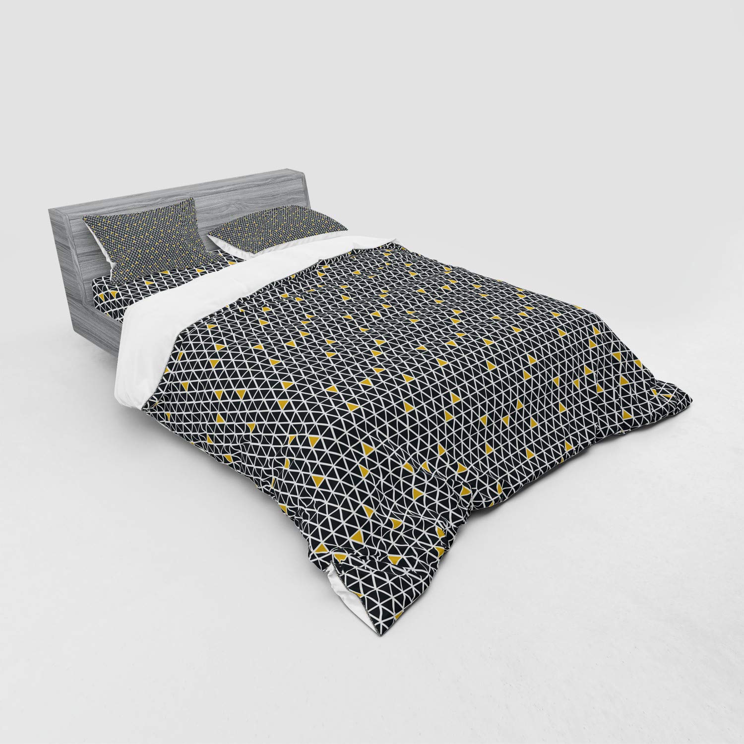 Ambesonne Geometric Duvet Cover Set - Modern Rhombus Diamond Triangle Pattern 4-Piece Queen Bedding with Shams & Fitted Sheet in Black White Yellow | Perfect for Contemporary Bedrooms, Guest Rooms & Dorm Decor