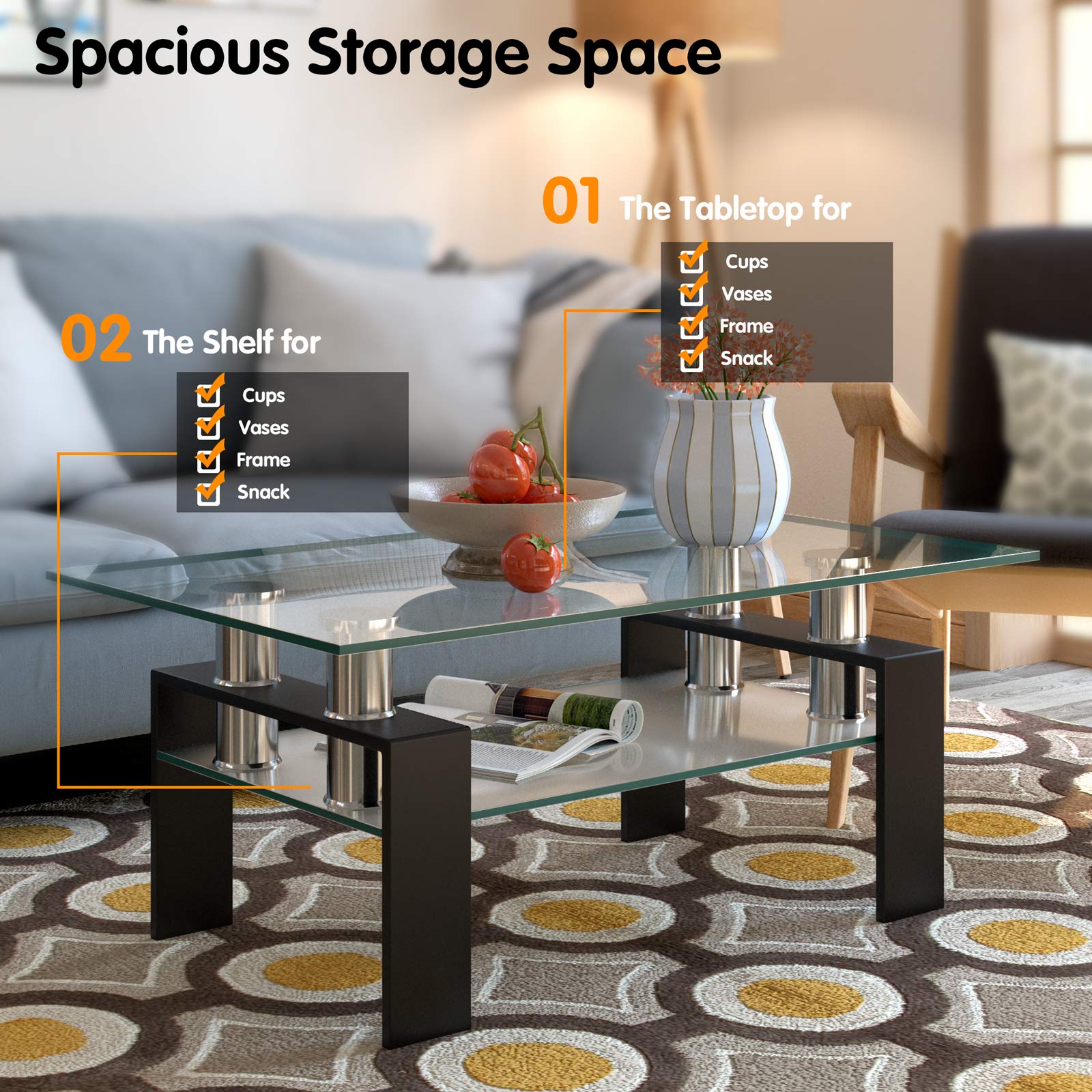 Tangkula Modern Rectangular Glass Coffee Table with Lower Shelf - Tempered Glass Top & Sturdy Metal Legs - Perfect for Living Room, Office, or Lounge (Black) - Ideal for Coffee, Books, and Decor Display