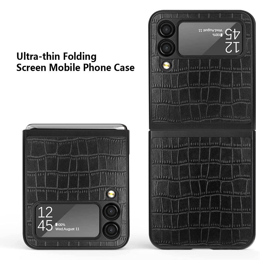 Samsung Galaxy Z Flip 3 Phone Case - Genuine Leather Slim Protective Cover with Crocodile Texture, Ultra Thin Shockproof Hard PC Shell (Brown) | Perfect for Business, Travel & Everyday Use