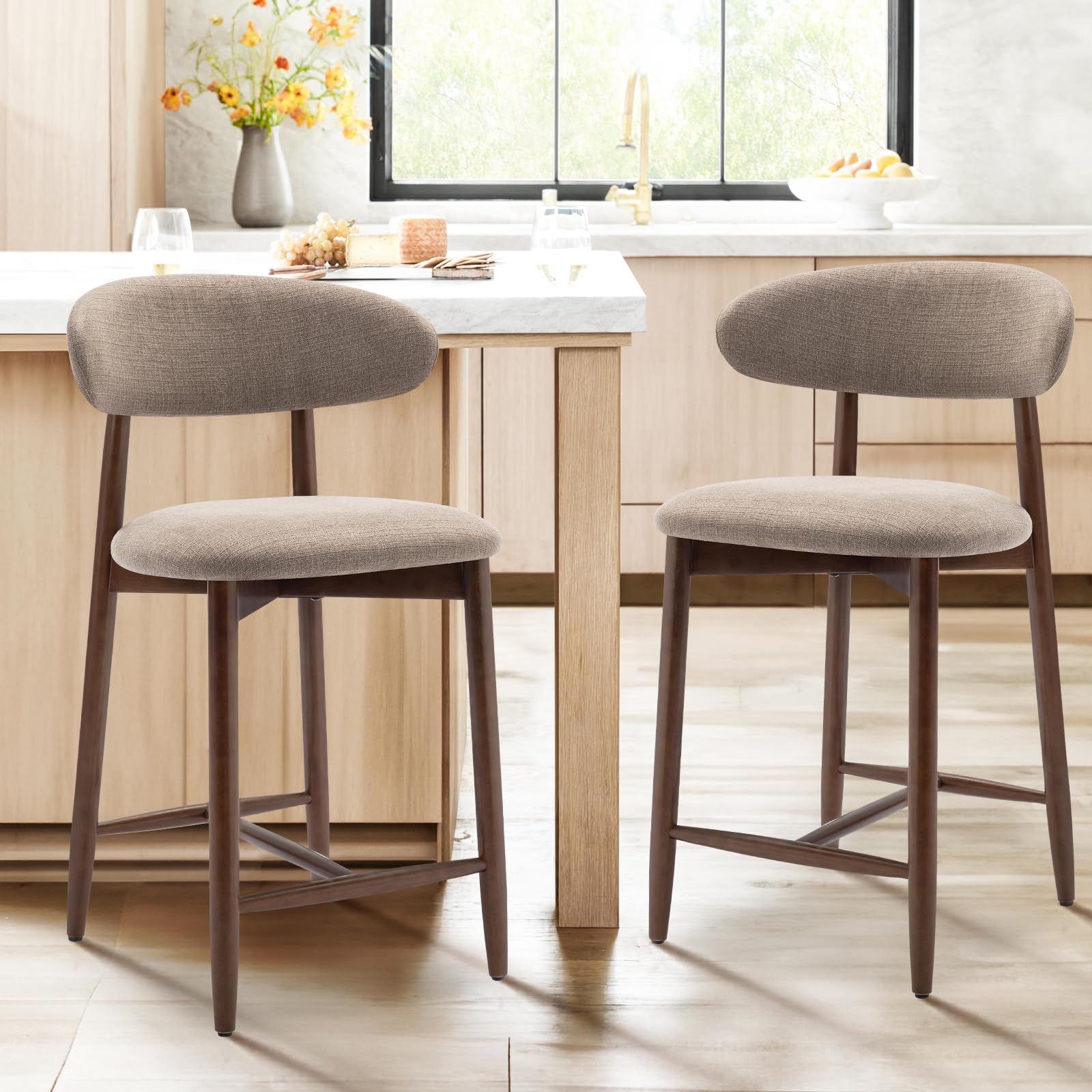 COLAMY 2-Pack Upholstered Bar Stools with Wooden Legs - 24