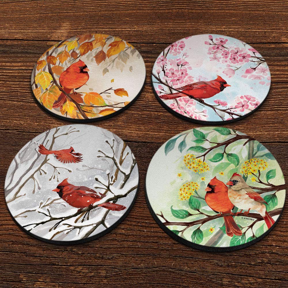 Red Cardinal Bird Seasonal Designs - Absorbent Round Fabric Felt Neoprene Drink Coasters (4-Piece Set) | Perfect for Coffee Tables, Home Decor, and Holiday Gift Giving