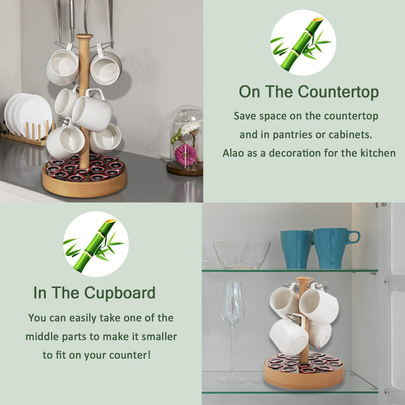 Wooden Mug Tree Coffee Cup Holder - Countertop Organizer for 6 Mugs & 15 Coffee Capsules - Space-Saving Coffee Bar Accessory for Home, Office & Kitchen Decor (Perfect for Coffee Lovers & Small Spaces)