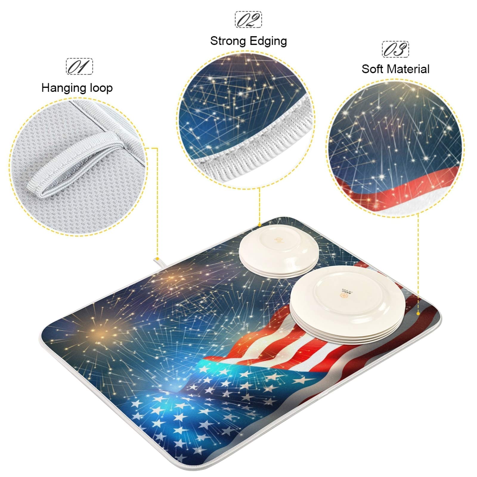 American Flag Dish Drying Mat 18x24 Inch - Patriotic Kitchen Counter Protector for Memorial Day & 4th of July