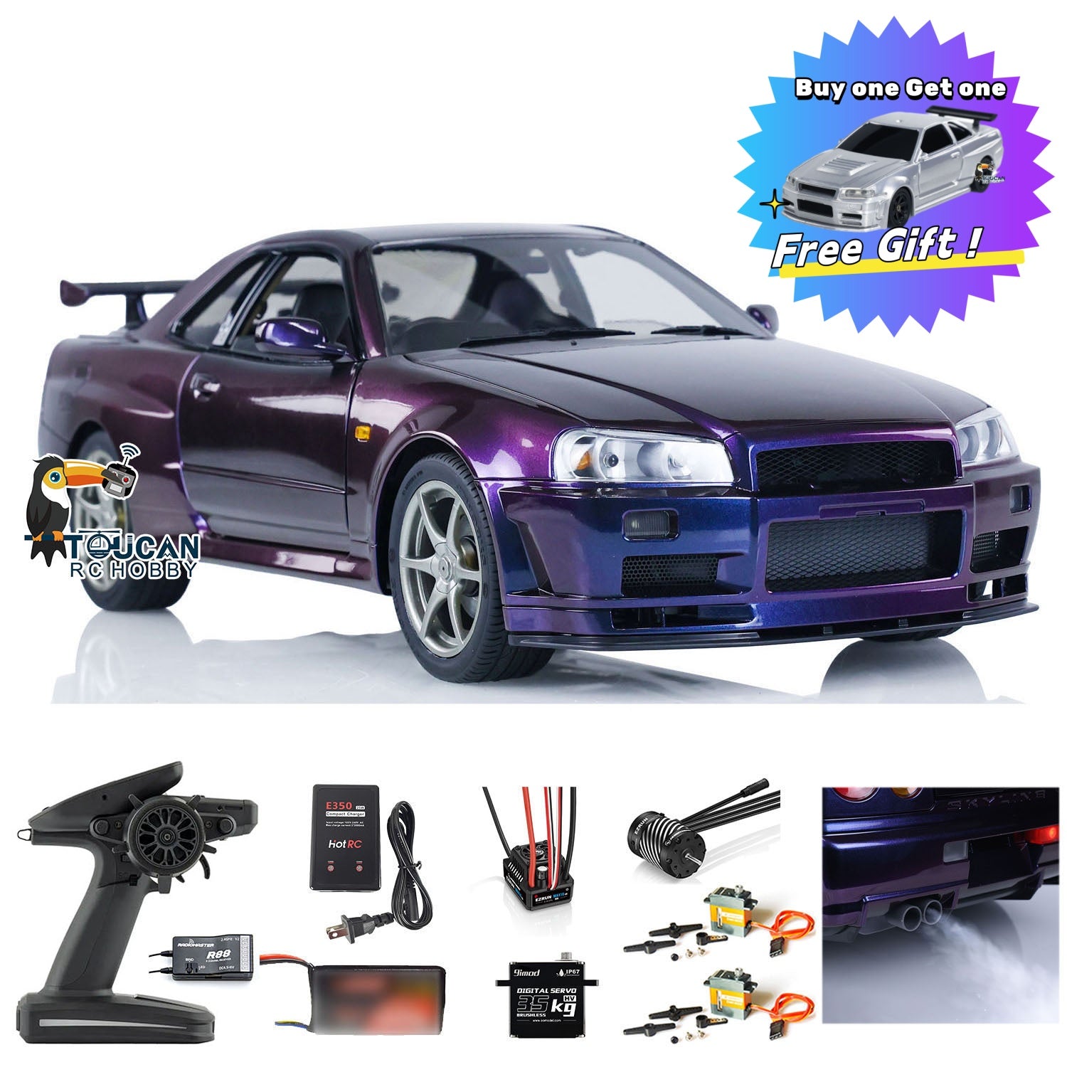 1/8 Scale Metal 4WD RC Racing Car - 4x4 Radio Controlled Drift Vehicle Model with High Speed, Light & Sound Effects (Ready-to-Run R34 Style) - Perfect for Indoor/Outdoor Racing, Drifting & Hobby Enthusiasts