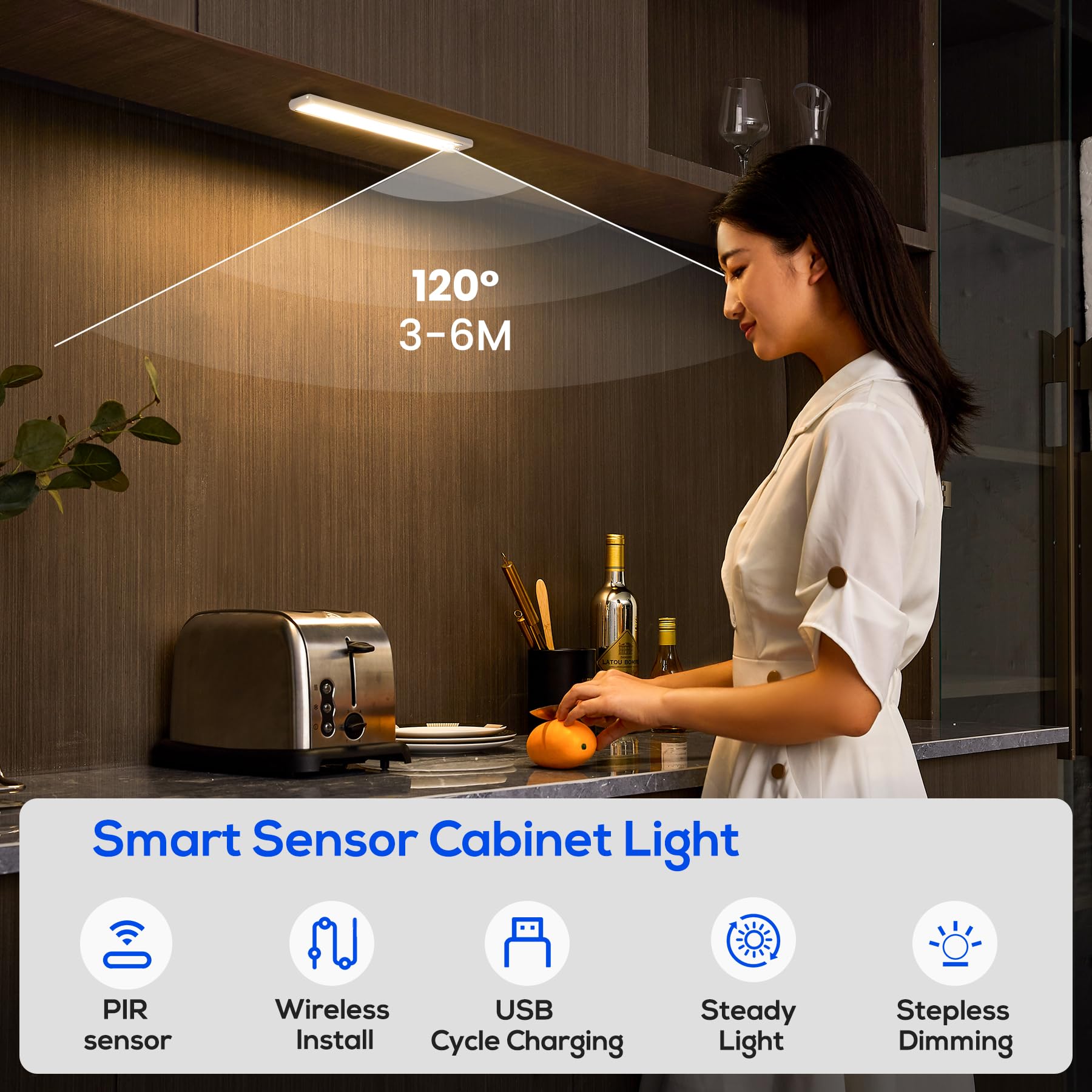 Homelist Wireless Under Cabinet Lights - 60 LED Motion Sensor Closet Lights, USB Rechargeable & Dimmable Night Light for Kitchen, Bedroom, Stairs, Pantry (8